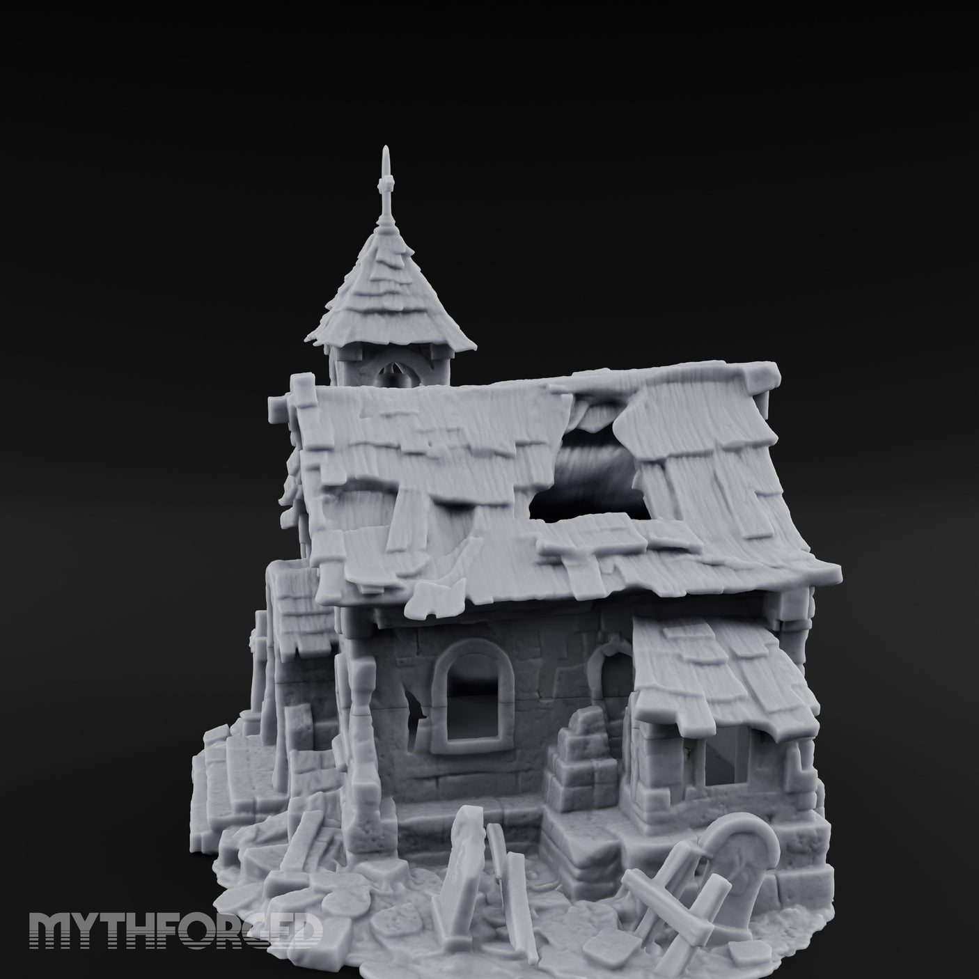 Cross-Topped Grave-Ringed Abandoned Chapel Miniature for Dungeons and Dragons, Pathfinder or other TTRPGs