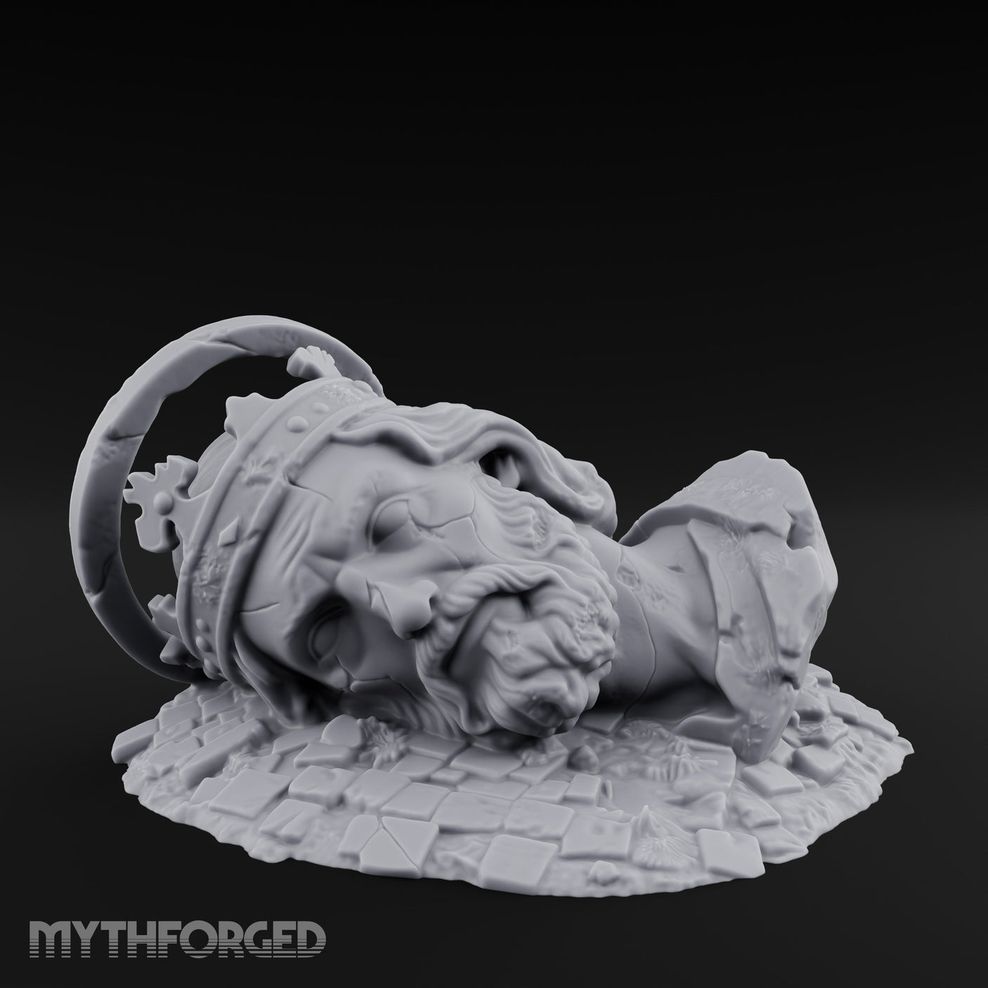 Crown-Bearing Toppled-Cracked Lion Statue Ruins Miniature for Dungeons and Dragons, Pathfinder or other TTRPGs
