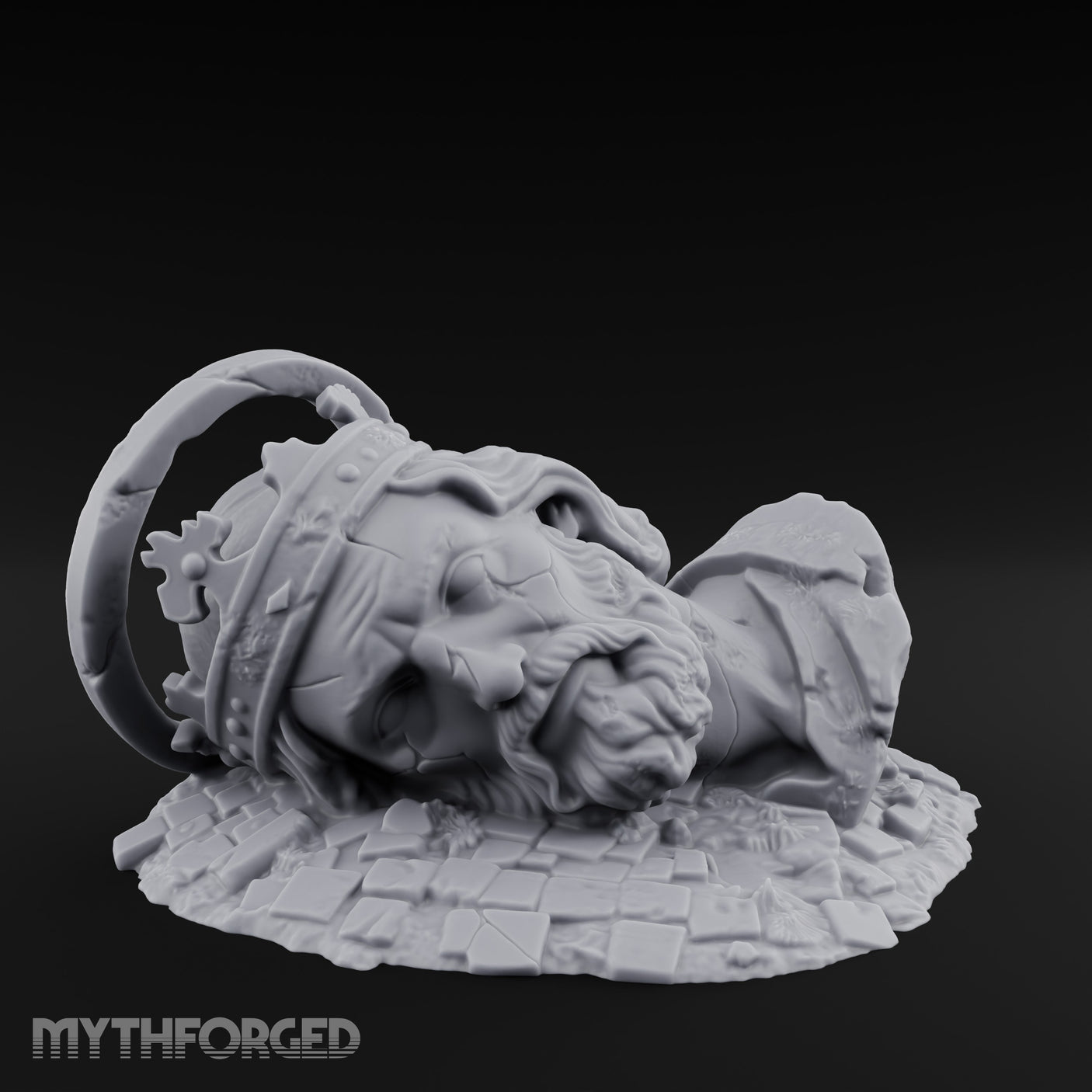 Crown-Bearing Toppled-Cracked Lion Statue Ruins Miniature for Dungeons and Dragons, Pathfinder or other TTRPGs