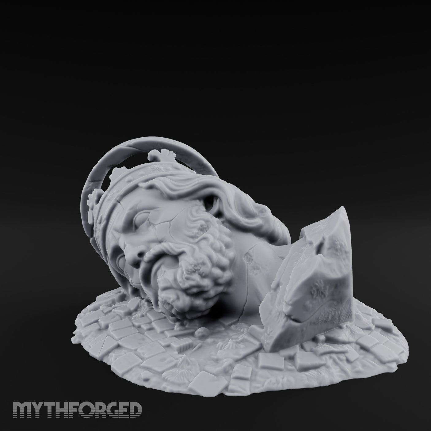 Crown-Bearing Toppled-Cracked Lion Statue Ruins Miniature for Dungeons and Dragons, Pathfinder or other TTRPGs