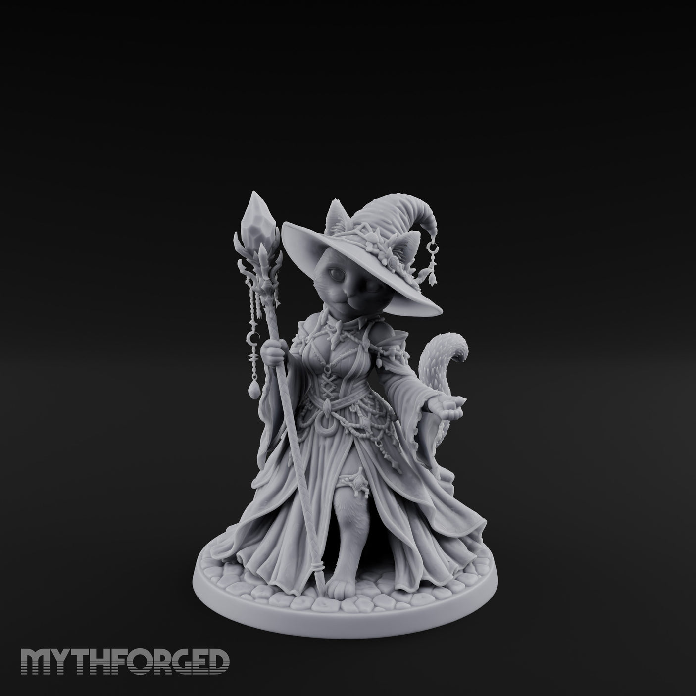 Crystal Staff Raising Tabaxi Witch Miniature for Dungeons and Dragons, Pathfinder or other TTRPGs