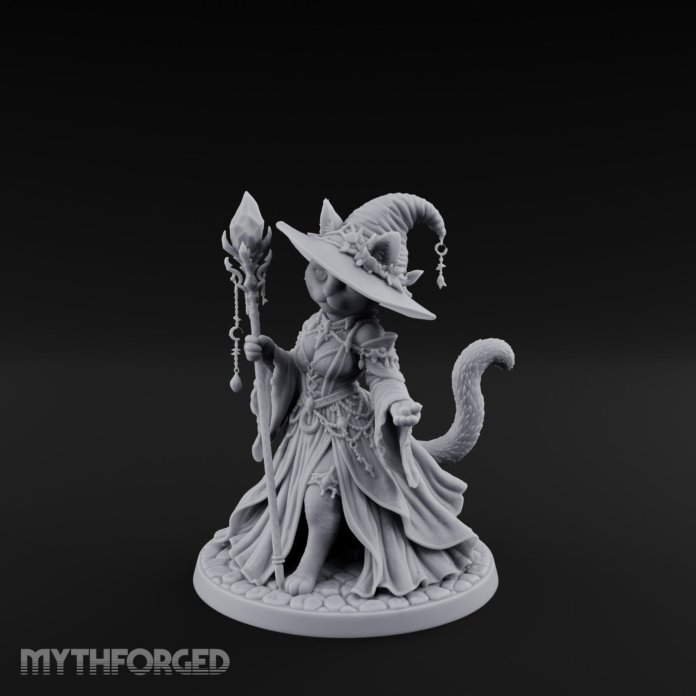 Crystal Staff Raising Tabaxi Witch Miniature for Dungeons and Dragons, Pathfinder or other TTRPGs