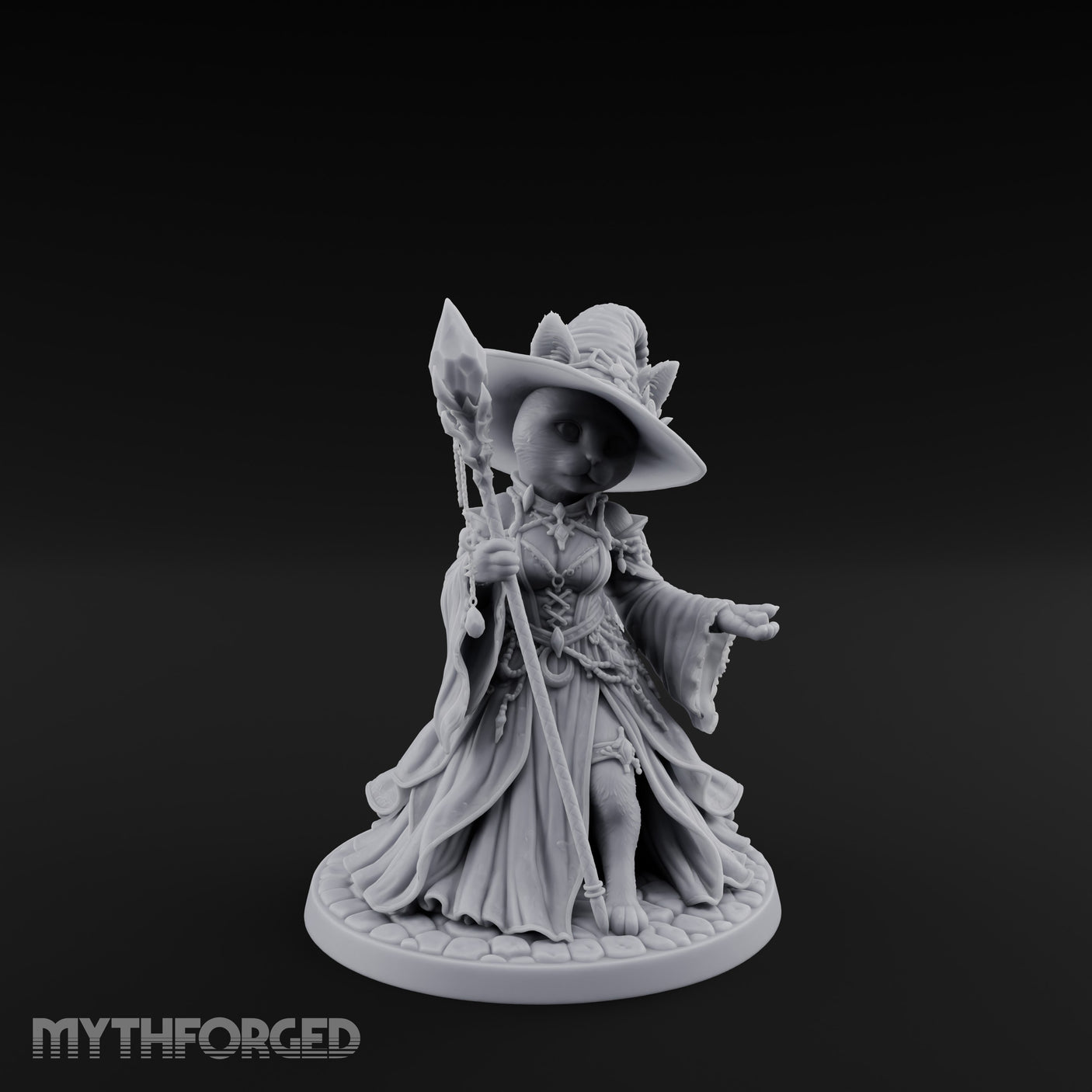 Crystal Staff Raising Tabaxi Witch Miniature for Dungeons and Dragons, Pathfinder or other TTRPGs
