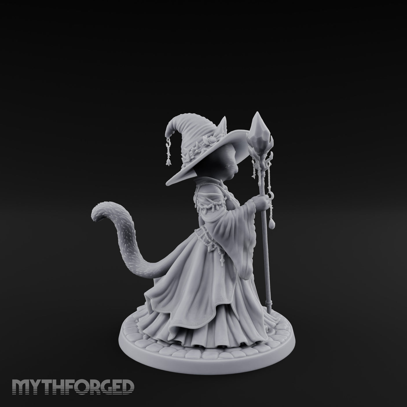 Crystal Staff Raising Tabaxi Witch Miniature for Dungeons and Dragons, Pathfinder or other TTRPGs