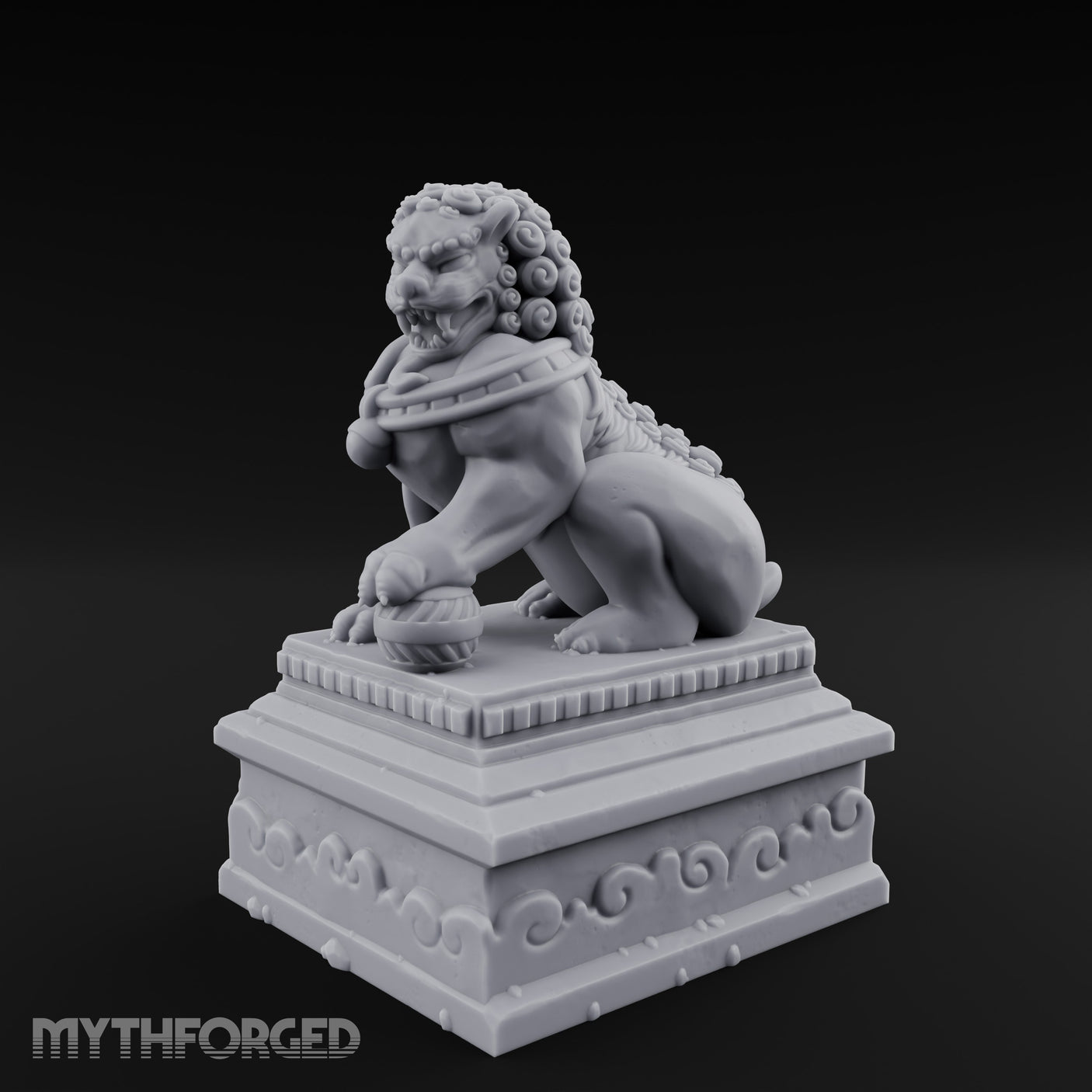 Curl-Maned Orb-Pinned Guardian Foo Lion Statue