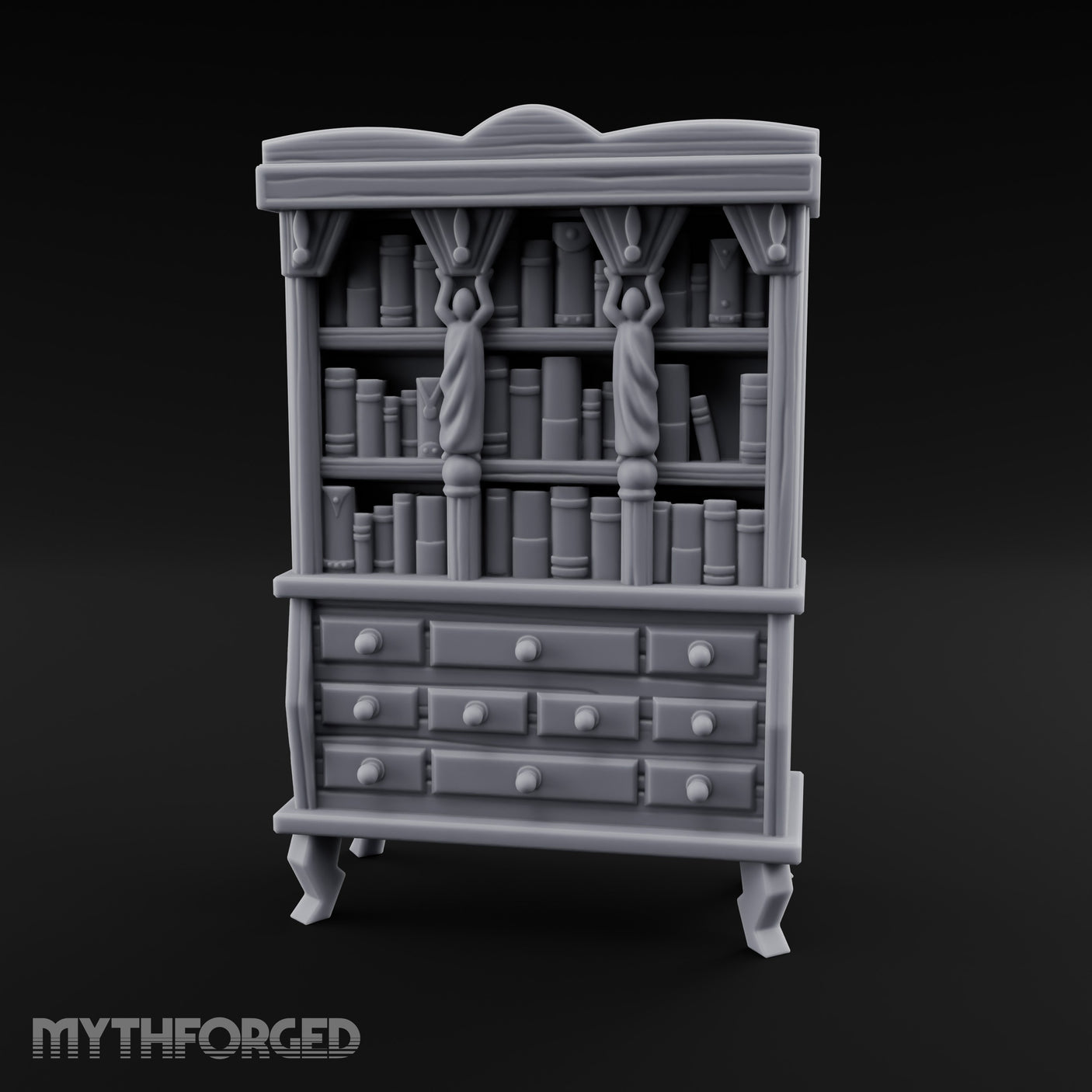 Curtain-Draped Figure-Posted Noble Library Bookcase Cabinet