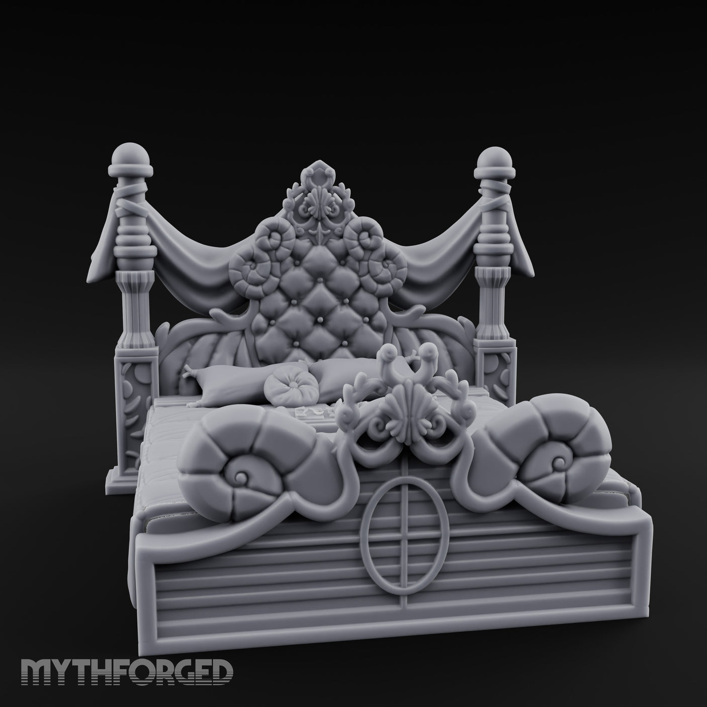 Draped-Canopy Fleur-Carved Noble Grand Bed Miniature for Dungeons and Dragons, Pathfinder or other TTRPGs