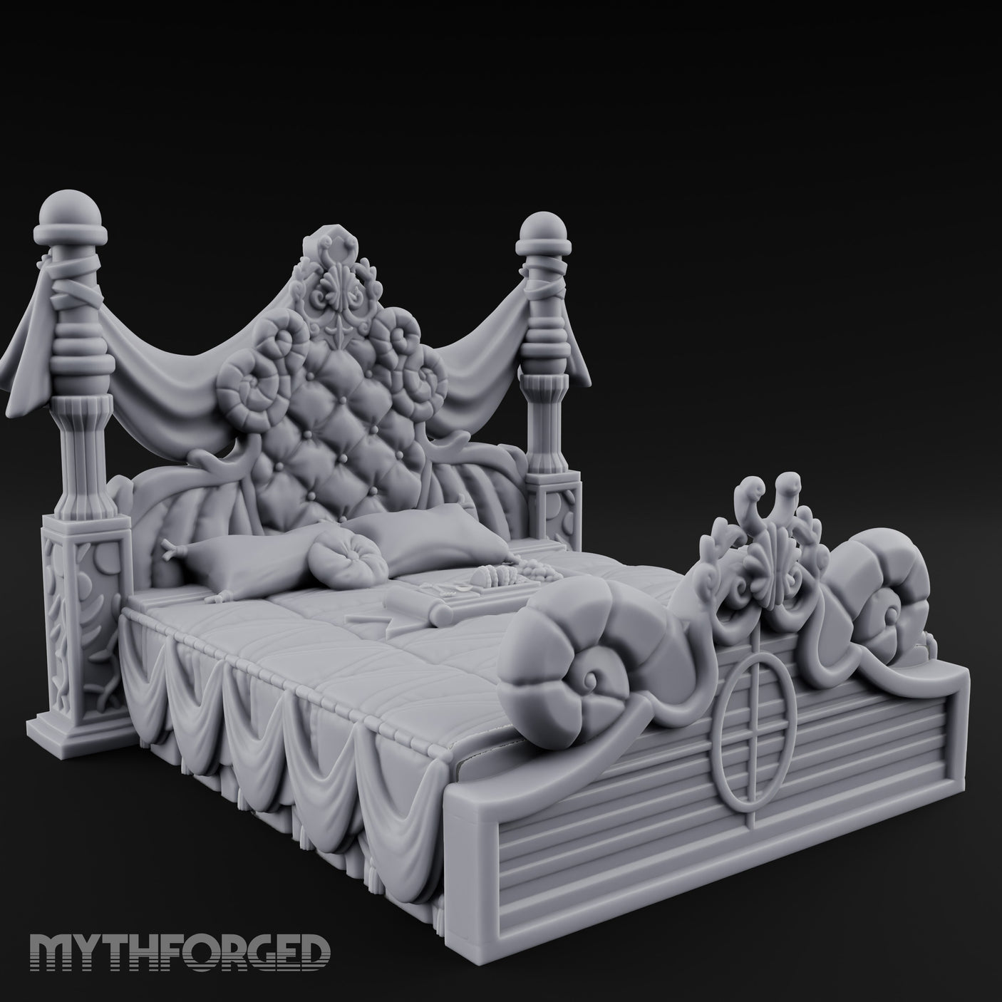 Draped-Canopy Fleur-Carved Noble Grand Bed Miniature for Dungeons and Dragons, Pathfinder or other TTRPGs