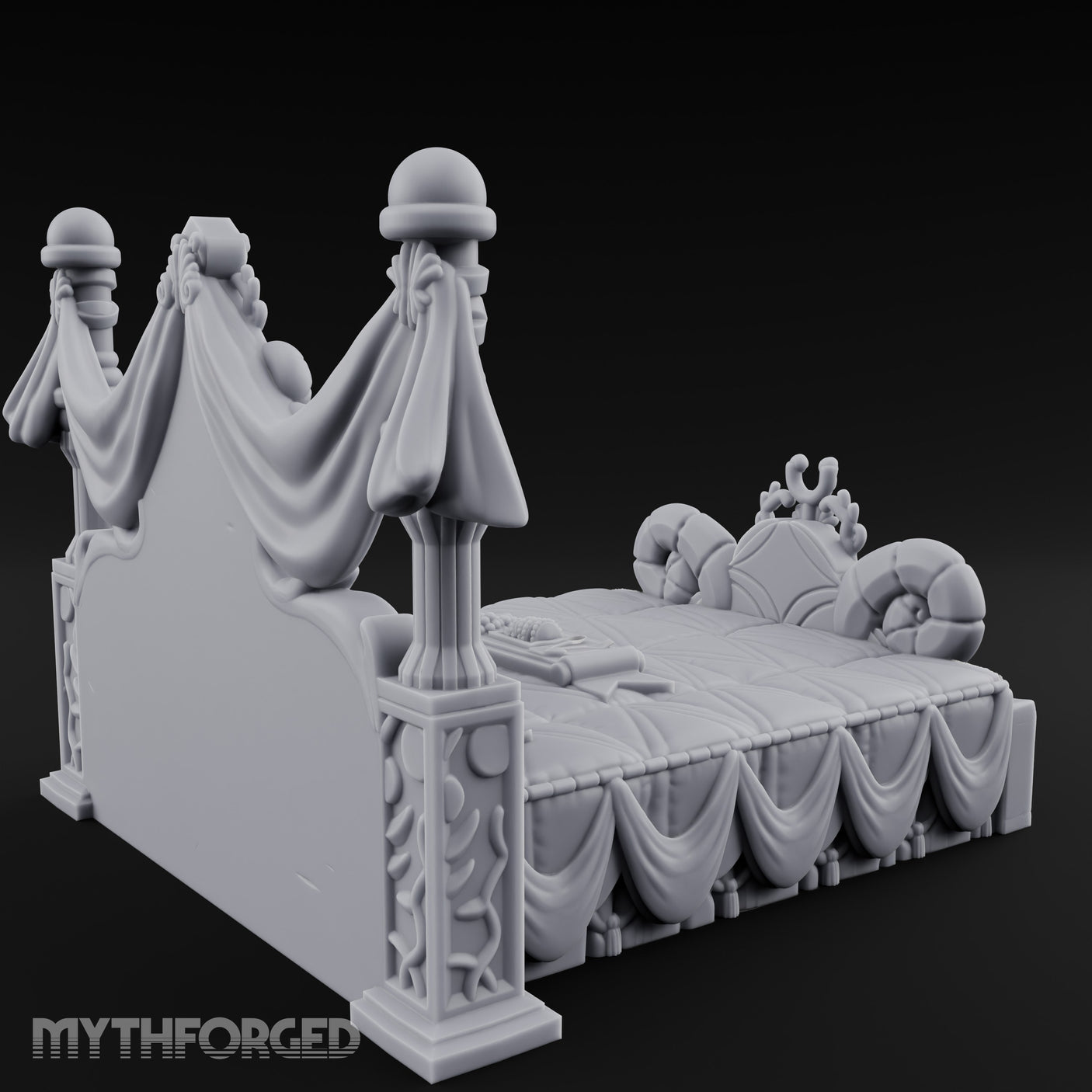 Draped-Canopy Fleur-Carved Noble Grand Bed Miniature for Dungeons and Dragons, Pathfinder or other TTRPGs