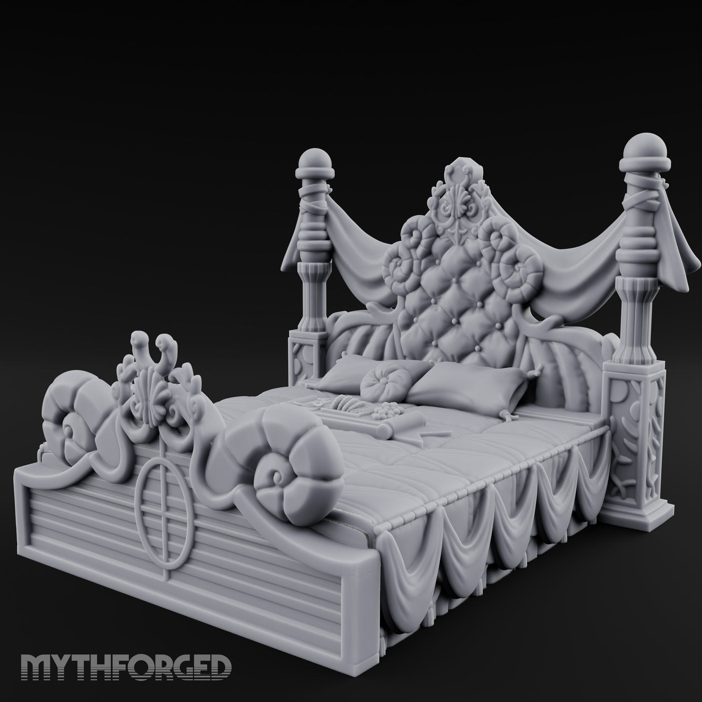 Draped-Canopy Fleur-Carved Noble Grand Bed Miniature for Dungeons and Dragons, Pathfinder or other TTRPGs