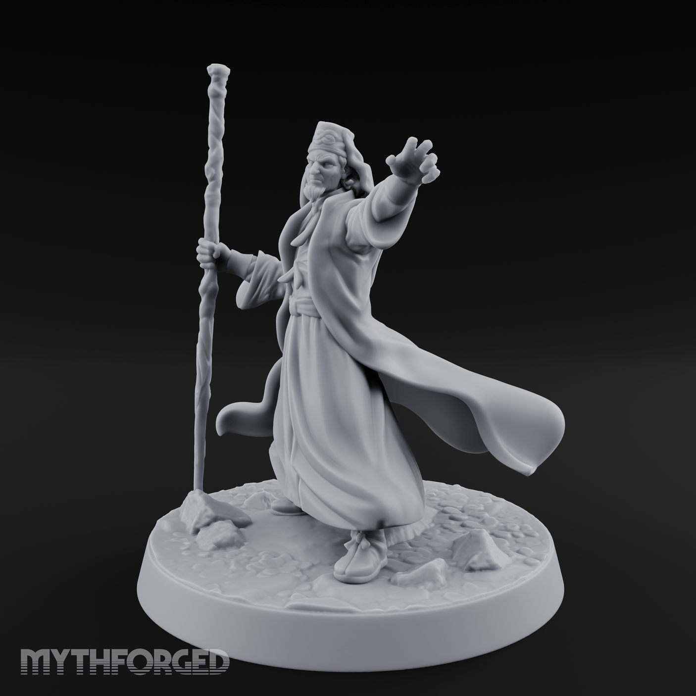 Staff Raised Commanding Human Wizard Miniature for Dungeons and Dragons, Pathfinder or other TTRPGs