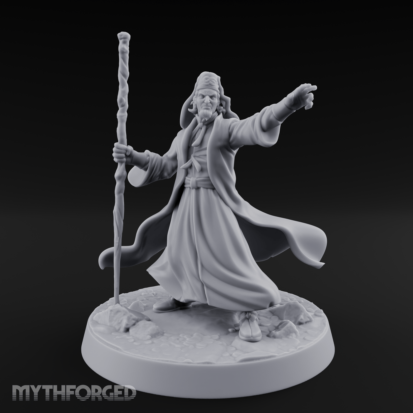 Staff Raised Commanding Human Wizard Miniature for Dungeons and Dragons, Pathfinder or other TTRPGs