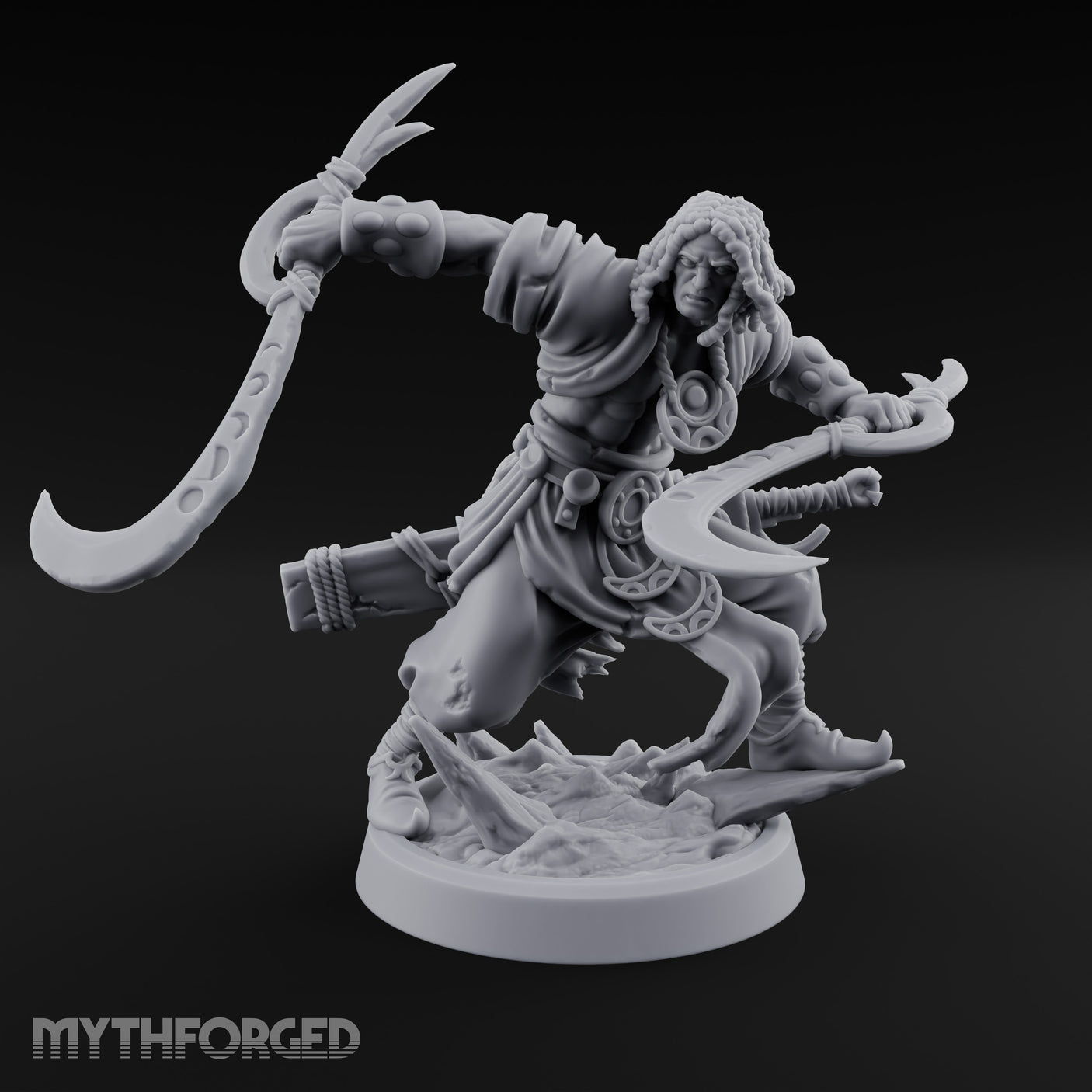 Dual Sickle Whirling Human Ranger Miniature for Dungeons and Dragons, Pathfinder or other TTRPGs