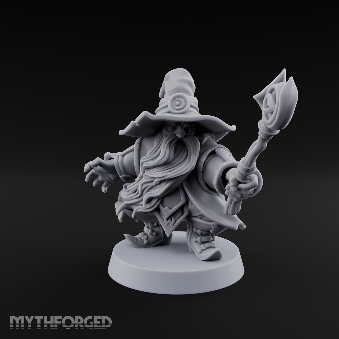 Dual Staff Brandishing Dwarf Wizard Miniature for Dungeons and Dragons, Pathfinder or other TTRPGs