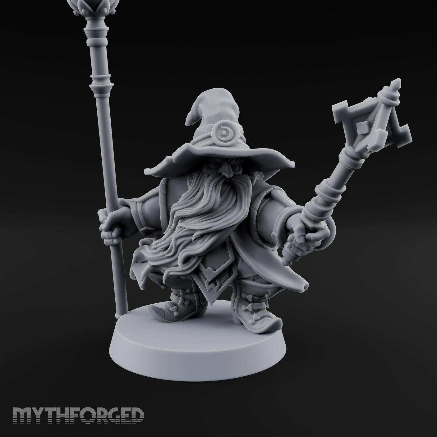 Dual Staff Brandishing Dwarf Wizard Miniature for Dungeons and Dragons, Pathfinder or other TTRPGs