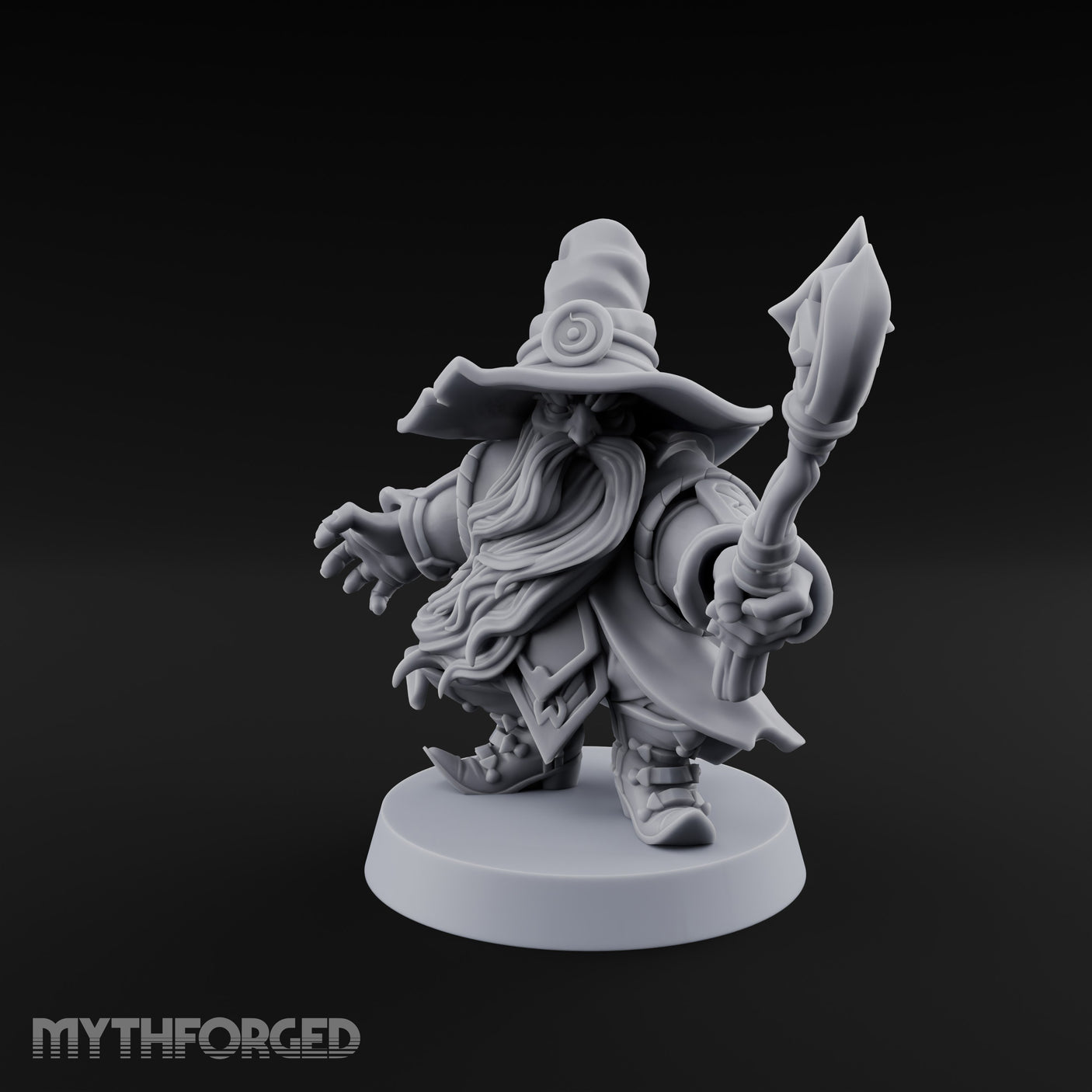 Dual Staff Brandishing Dwarf Wizard Miniature for Dungeons and Dragons, Pathfinder or other TTRPGs