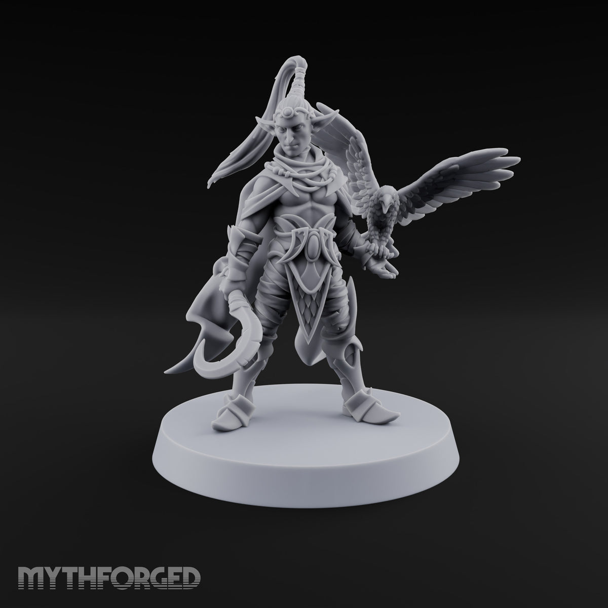 Unbothered by Brambles Elf Druid with Vine Staff and Curved Blade — None · Eagle and Scythe