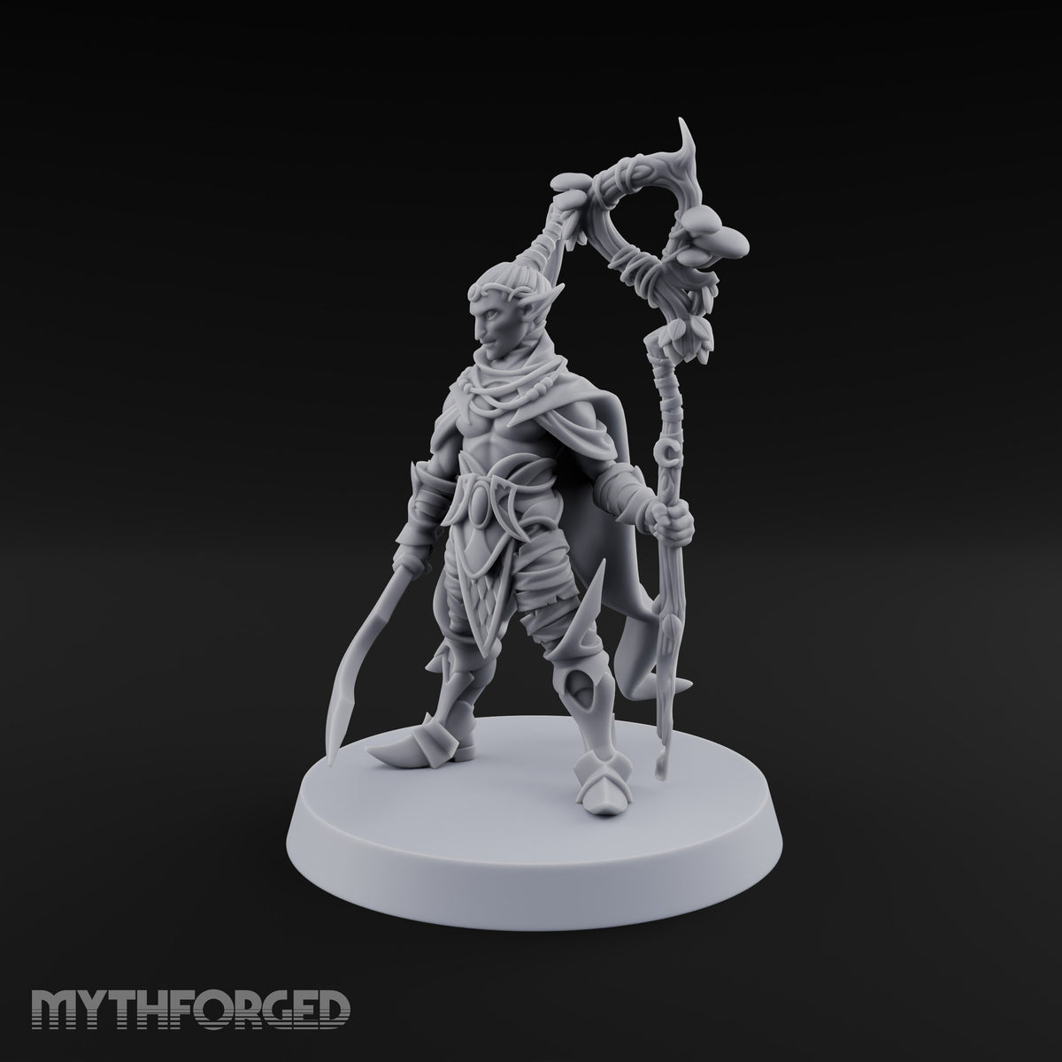 Unbothered by Brambles Elf Druid with Vine Staff and Curved Blade — None · Staff and Sword