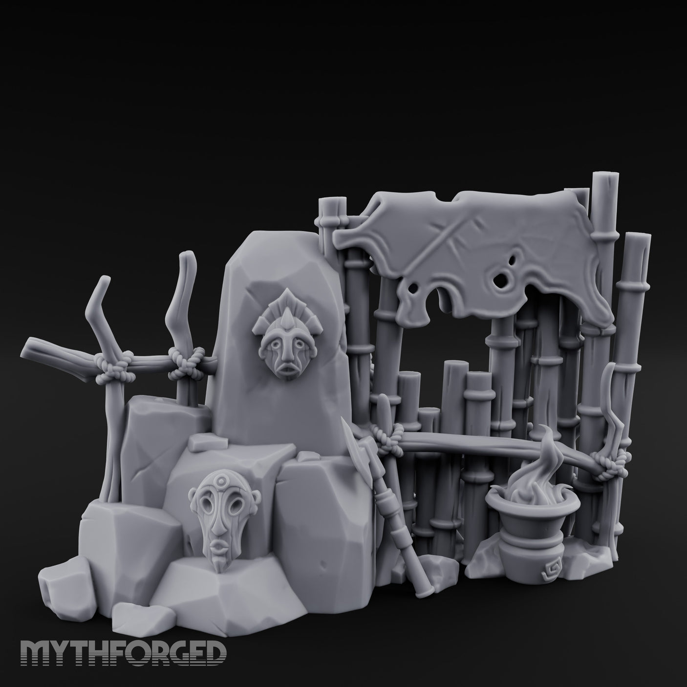 Face-Carved Flame-Guarded Tribal Rock Shrine Wall Scene Miniature for Dungeons and Dragons, Pathfinder or other TTRPGs