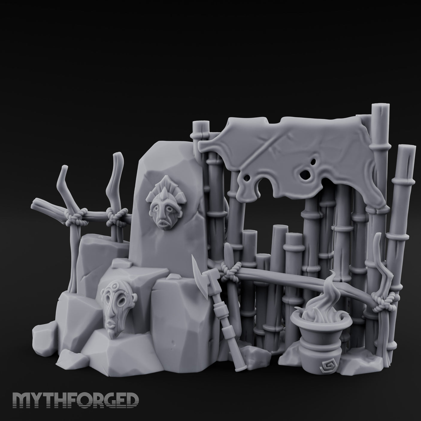 Face-Carved Flame-Guarded Tribal Rock Shrine Wall Scene Miniature for Dungeons and Dragons, Pathfinder or other TTRPGs