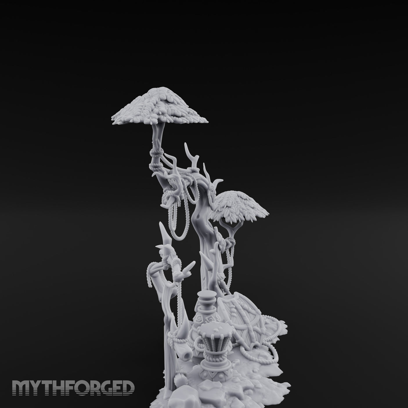 Face-Gnarled Rope-Beaded Tribal Spirit Tree Scene Miniature for Dungeons and Dragons, Pathfinder or other TTRPGs