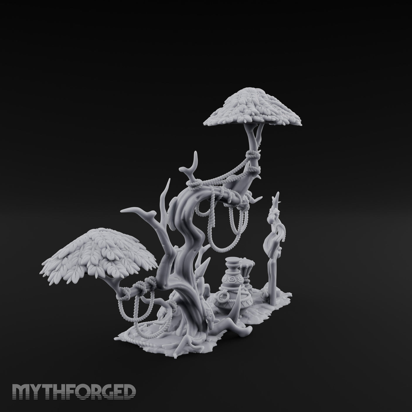 Face-Gnarled Rope-Beaded Tribal Spirit Tree Scene Miniature for Dungeons and Dragons, Pathfinder or other TTRPGs
