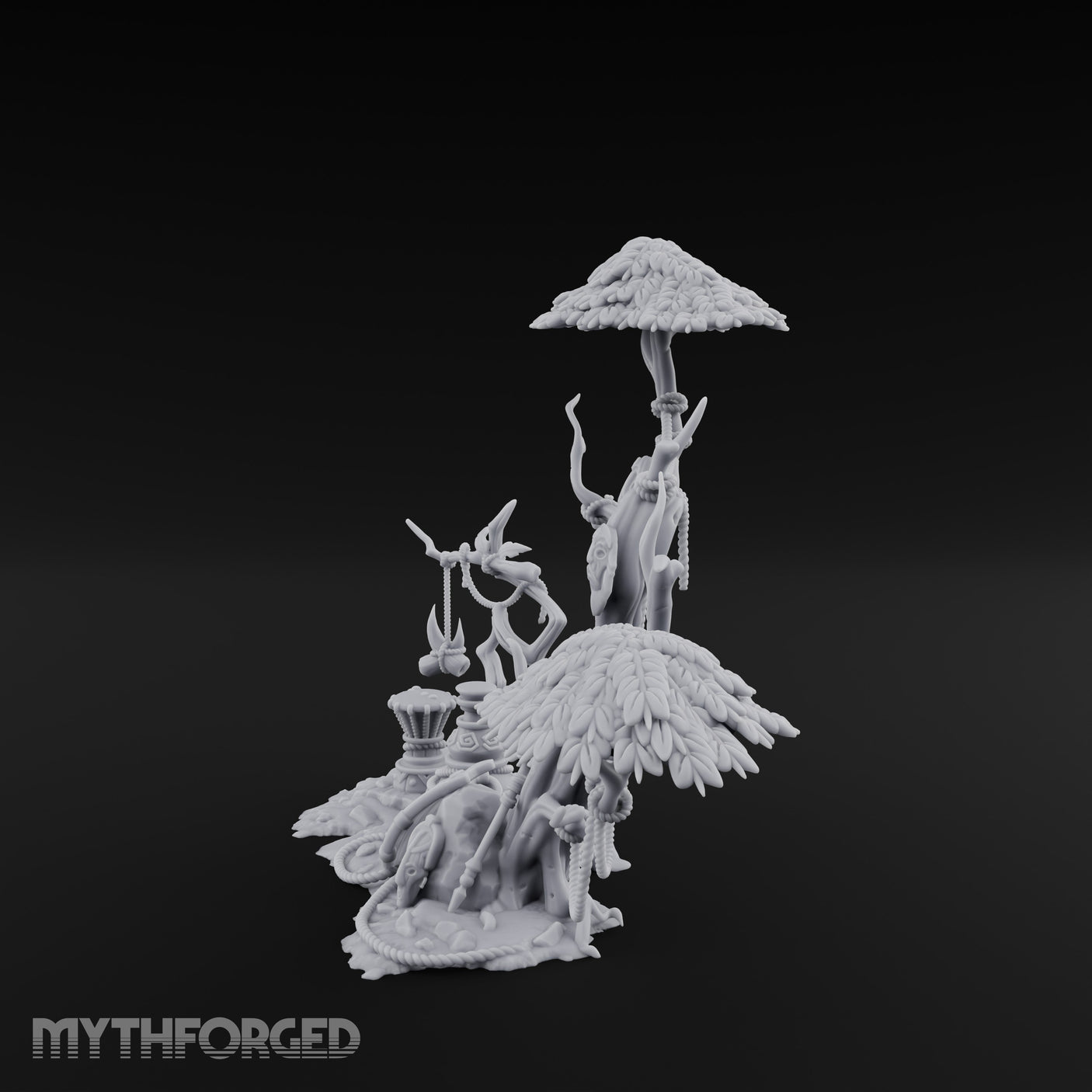 Face-Gnarled Rope-Beaded Tribal Spirit Tree Scene Miniature for Dungeons and Dragons, Pathfinder or other TTRPGs