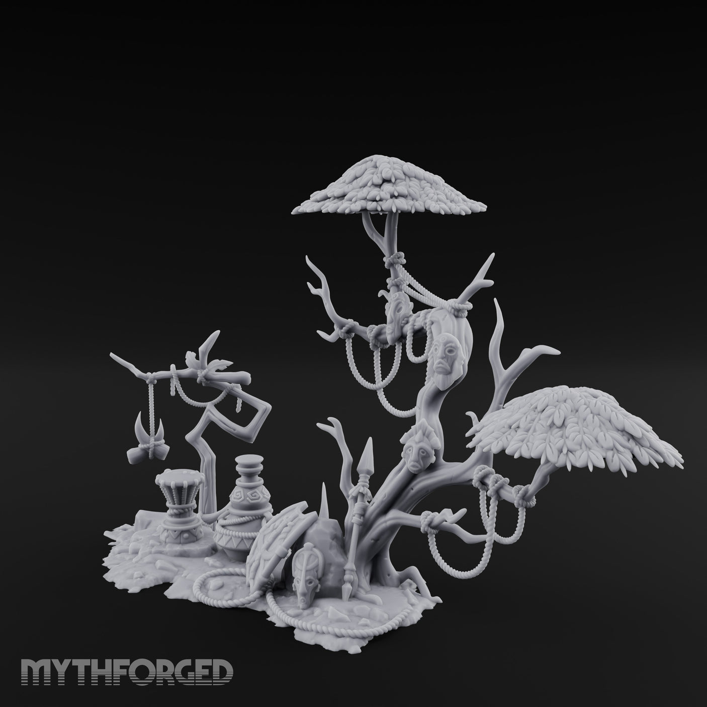 Face-Gnarled Rope-Beaded Tribal Spirit Tree Scene Miniature for Dungeons and Dragons, Pathfinder or other TTRPGs