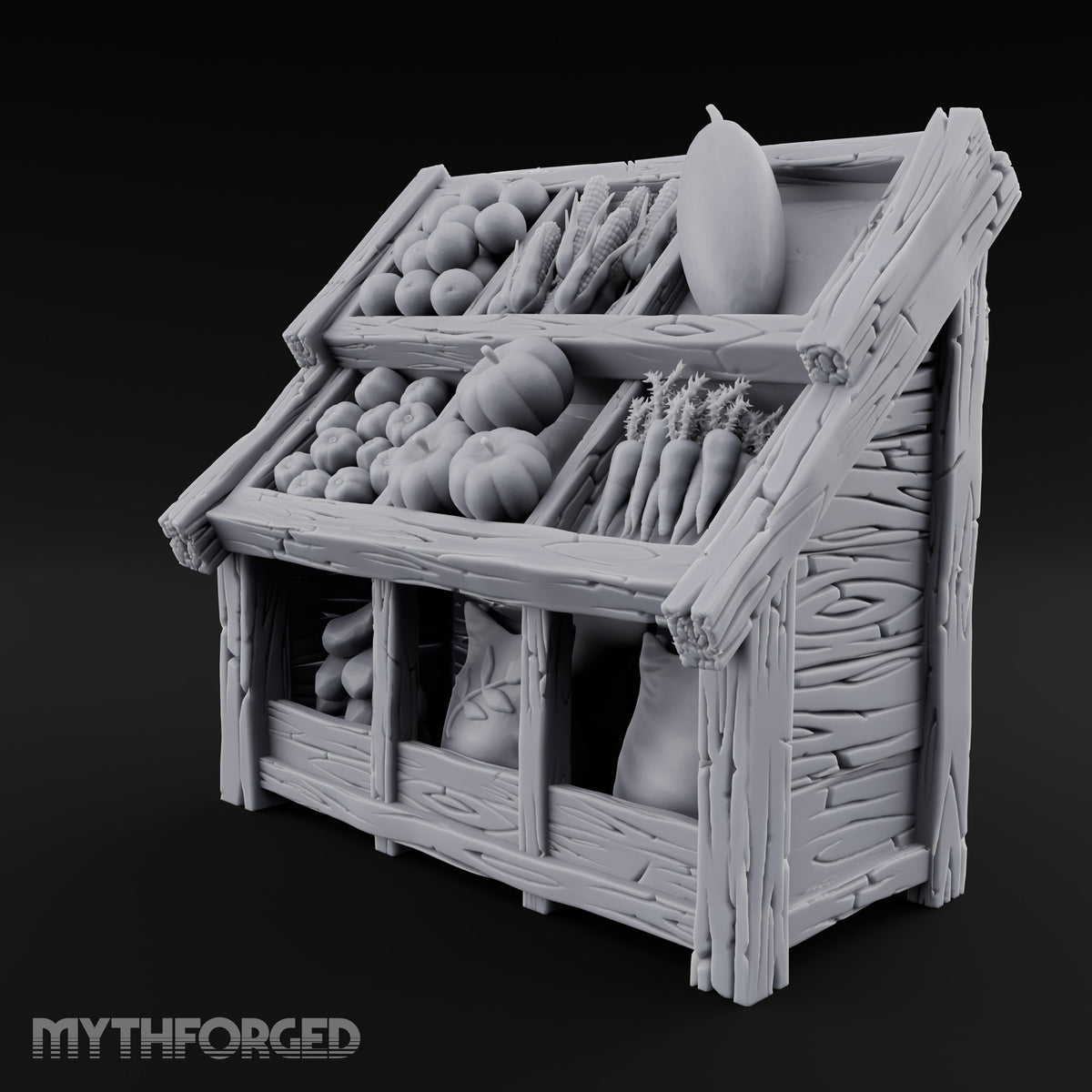 Harvest Tiers, Sack Below Wooden Produce Display Rack