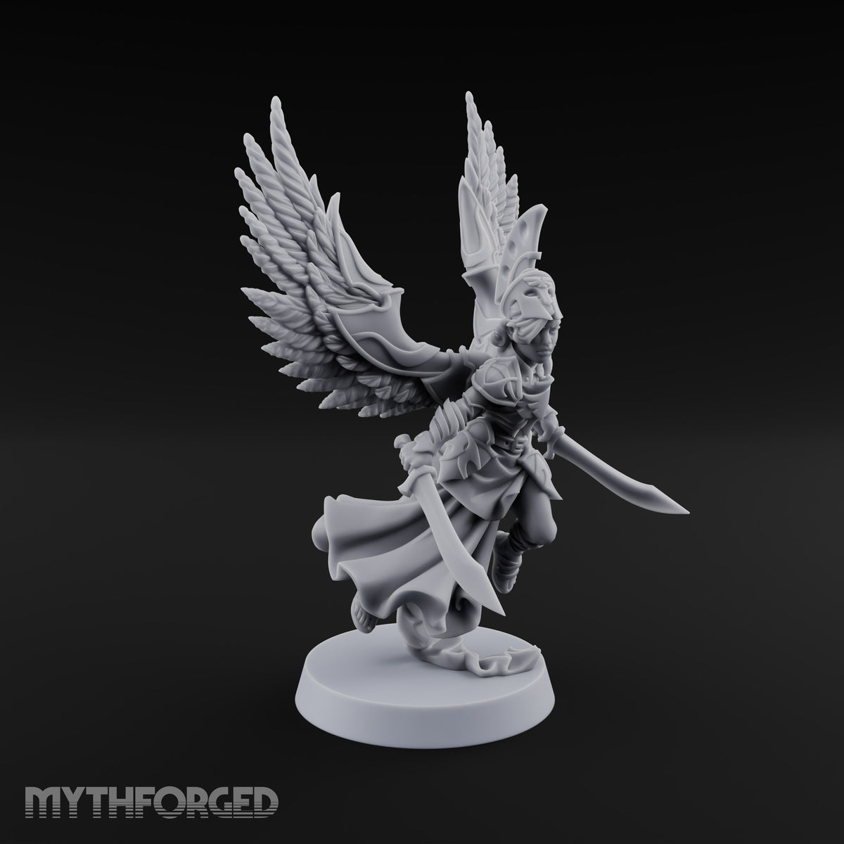 Dawn Lands Running Aasimar Female Paladin with Spear and Feathered Wings — Dual Swords