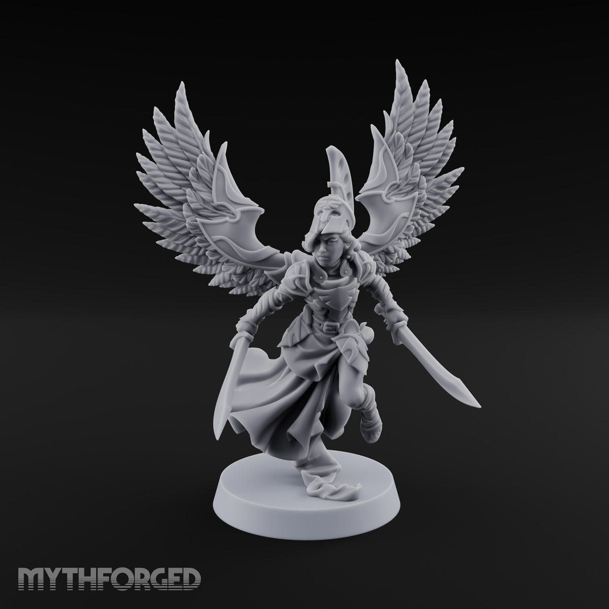 Dawn Lands Running Aasimar Female Paladin with Spear and Feathered Wings — Dual Swords