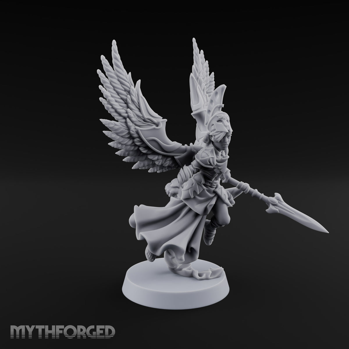 Dawn Lands Running Aasimar Female Paladin with Spear and Feathered Wings — Spear
