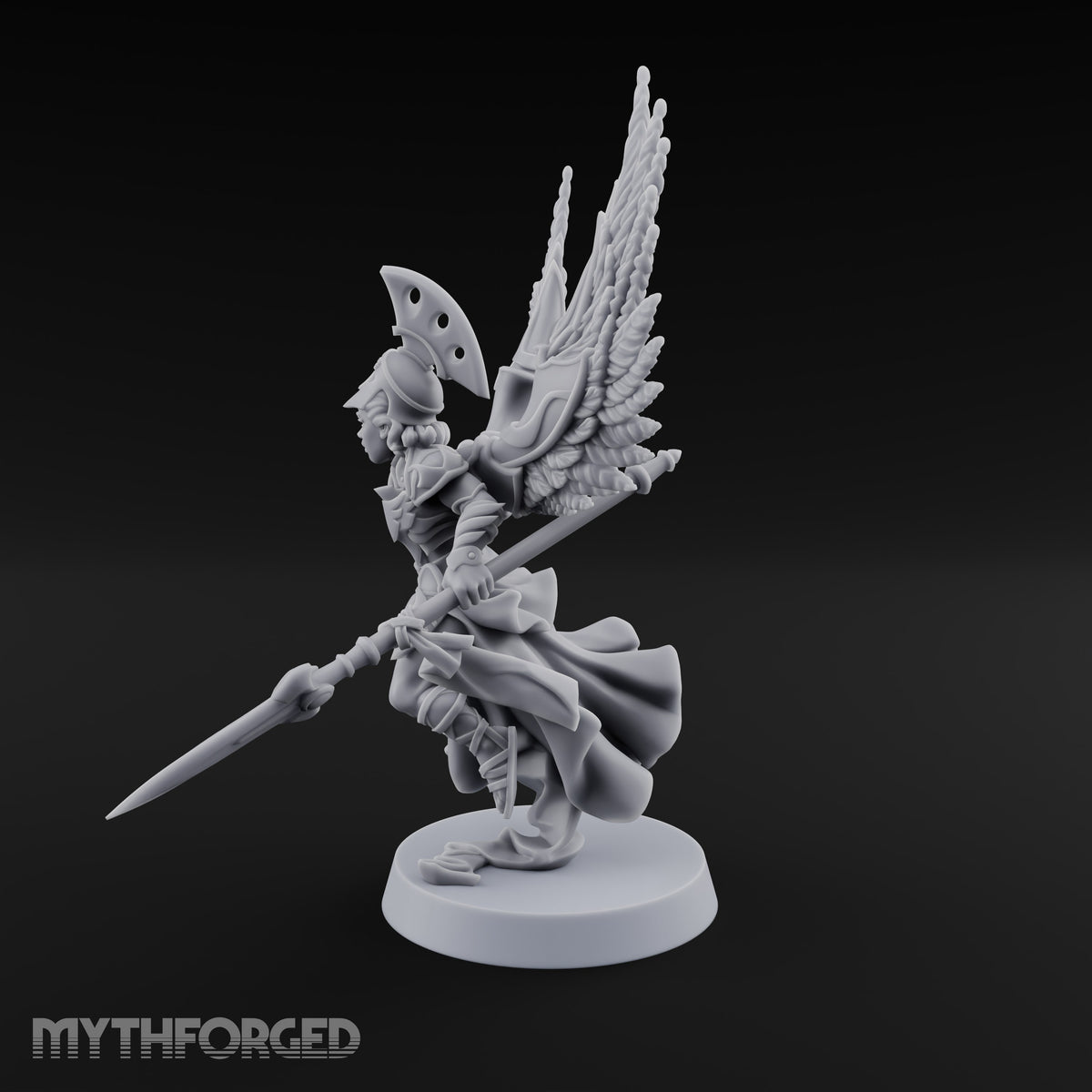 Dawn Lands Running Aasimar Female Paladin with Spear and Feathered Wings — Spear