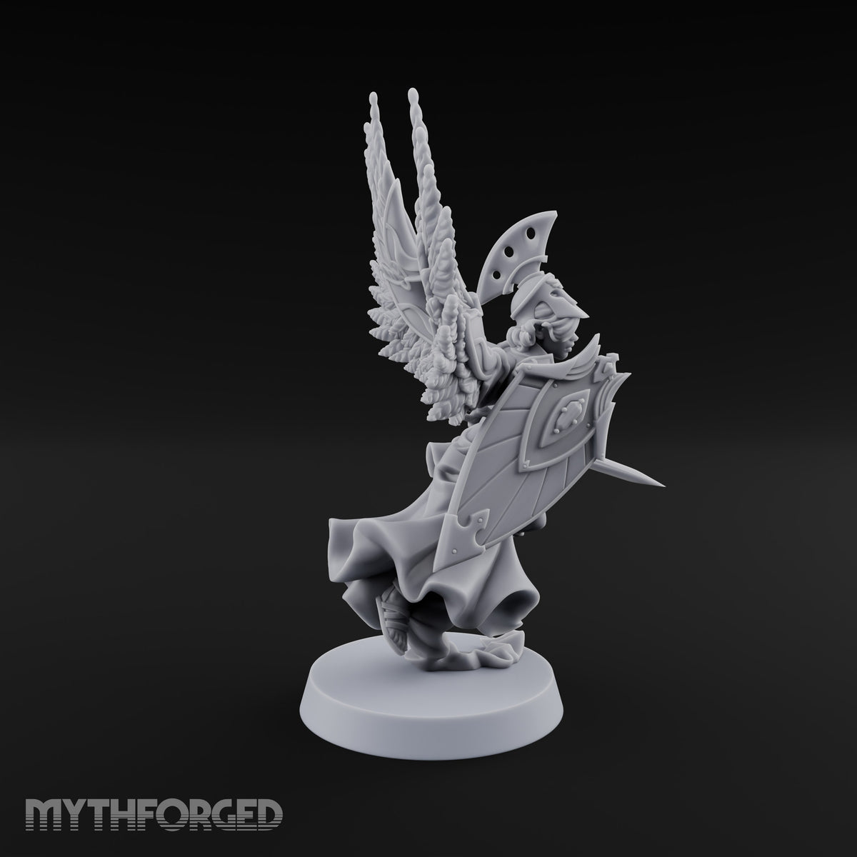 Dawn Lands Running Aasimar Female Paladin with Spear and Feathered Wings — Sword and Shield