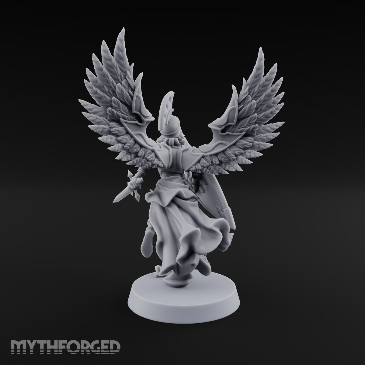 Dawn Lands Running Aasimar Female Paladin with Spear and Feathered Wings — Sword and Shield