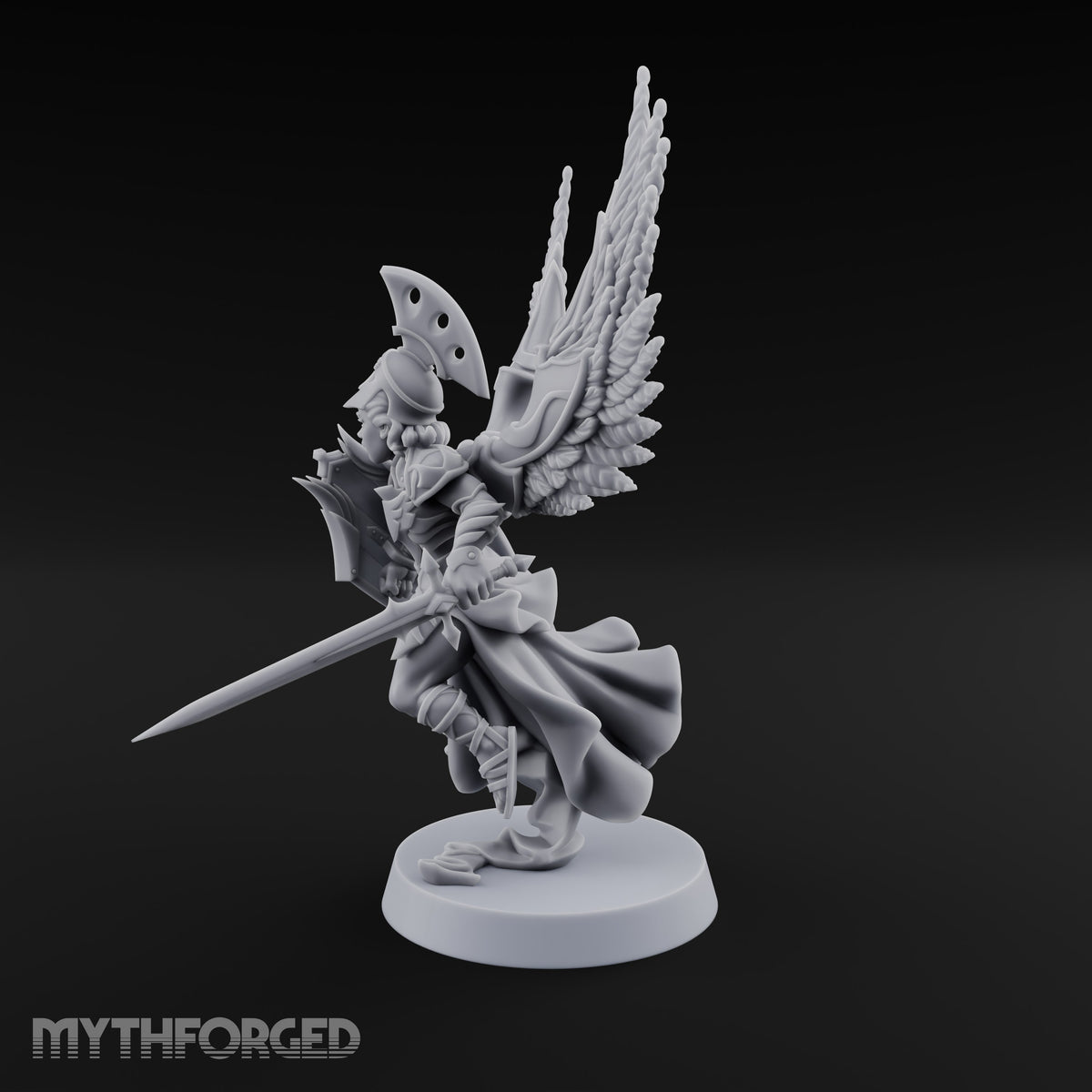 Dawn Lands Running Aasimar Female Paladin with Spear and Feathered Wings — Sword and Shield