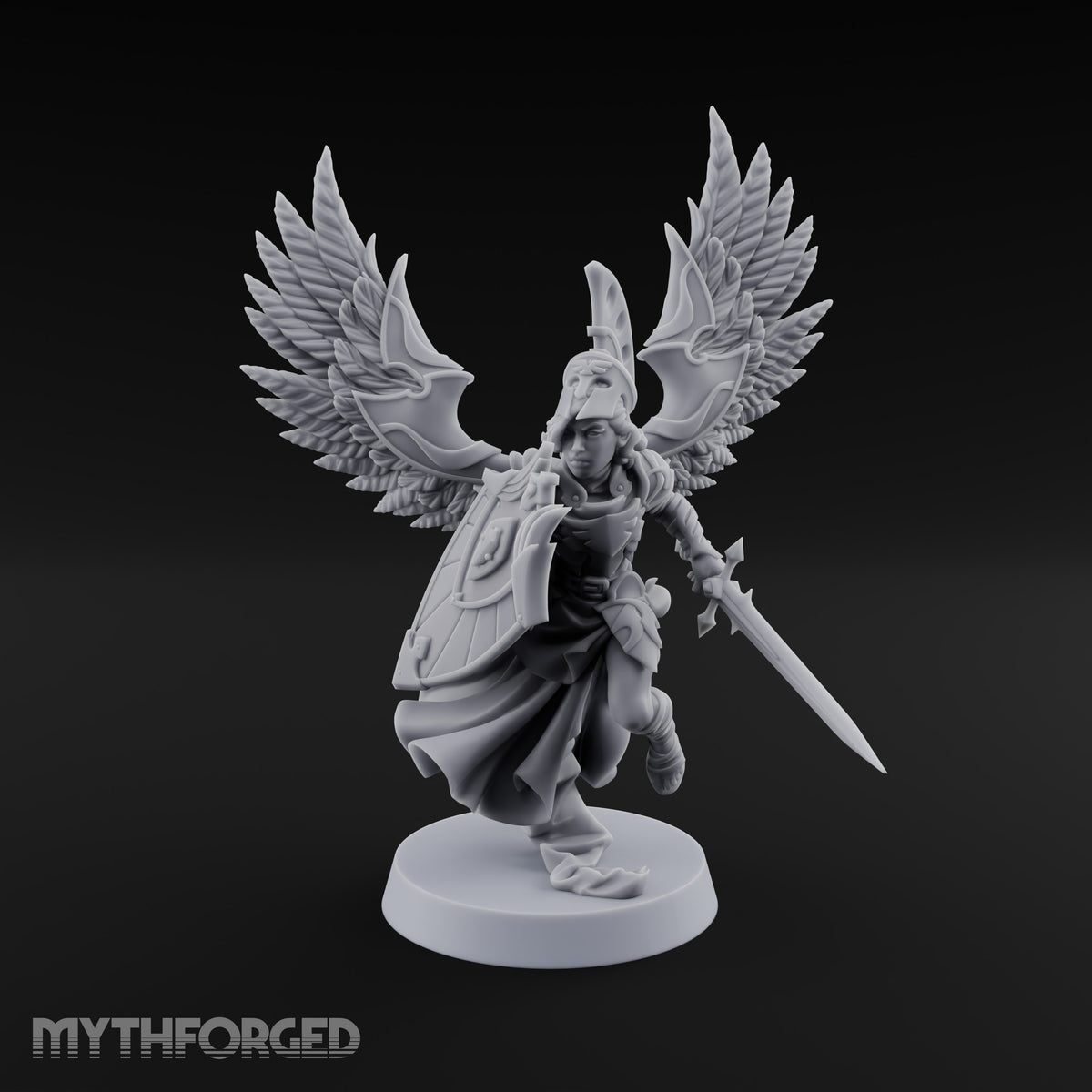 Dawn Lands Running Aasimar Female Paladin with Spear and Feathered Wings — Sword and Shield