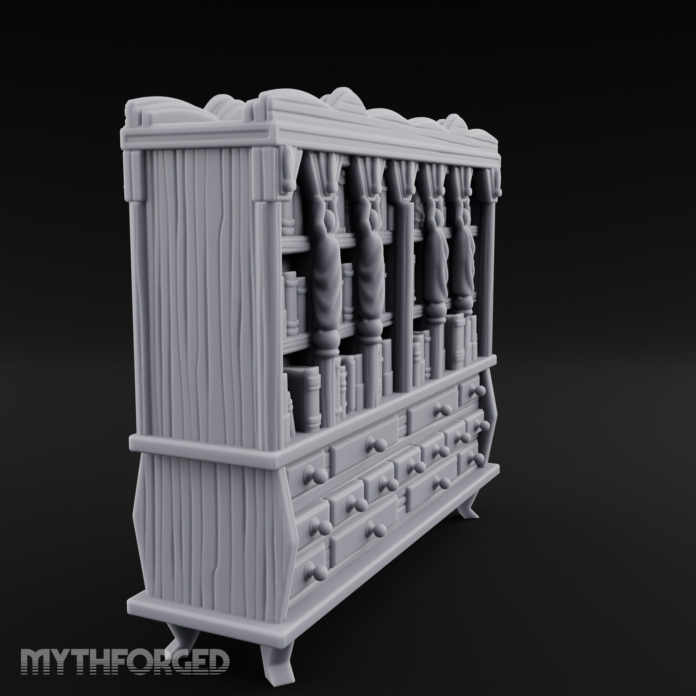 Figure-Columned Drawer-Banked Noble Library Bookcase Cabinet Miniature for Dungeons and Dragons, Pathfinder or other TTRPGs