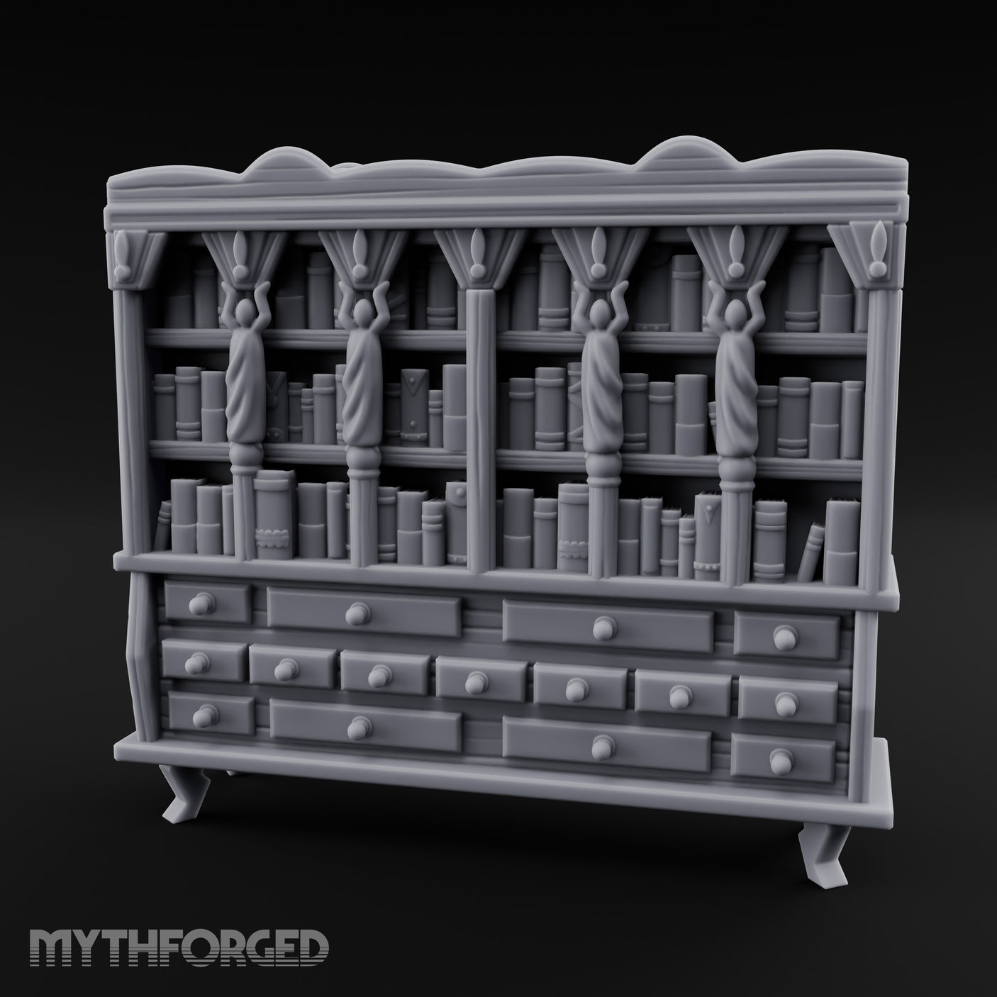 Figure-Columned Drawer-Banked Noble Library Bookcase Cabinet Miniature for Dungeons and Dragons, Pathfinder or other TTRPGs