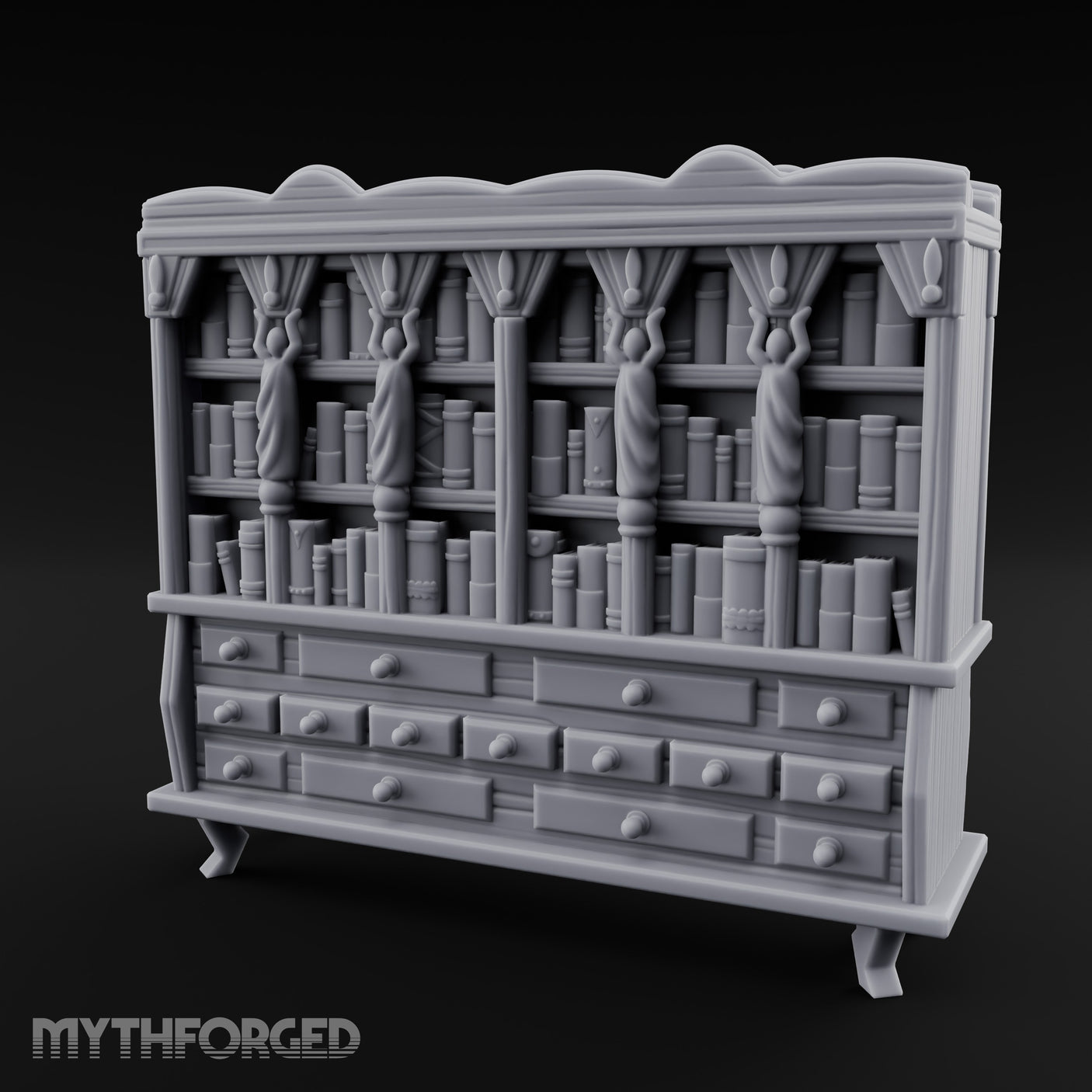 Figure-Columned Drawer-Banked Noble Library Bookcase Cabinet Miniature for Dungeons and Dragons, Pathfinder or other TTRPGs