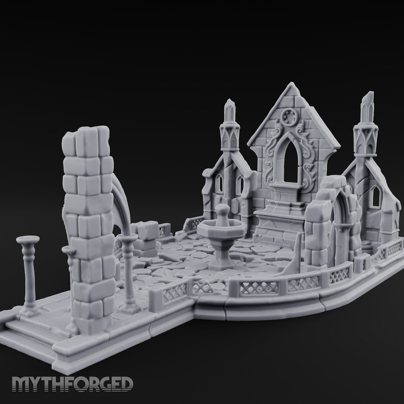 Filigree-Windowed Courtyard-Centered Gothic Chapel Courtyard Ruins Miniature for Dungeons and Dragons, Pathfinder or other TTRPGs