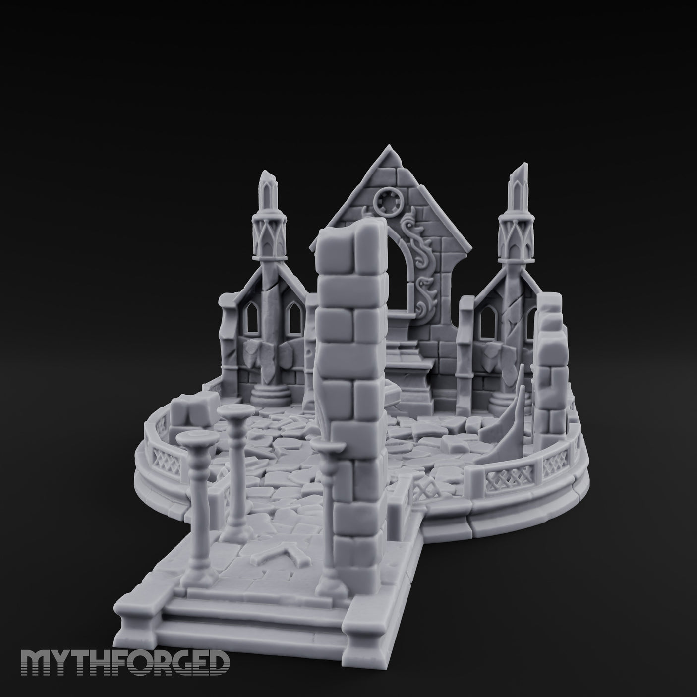 Filigree-Windowed Courtyard-Centered Gothic Chapel Courtyard Ruins Miniature for Dungeons and Dragons, Pathfinder or other TTRPGs