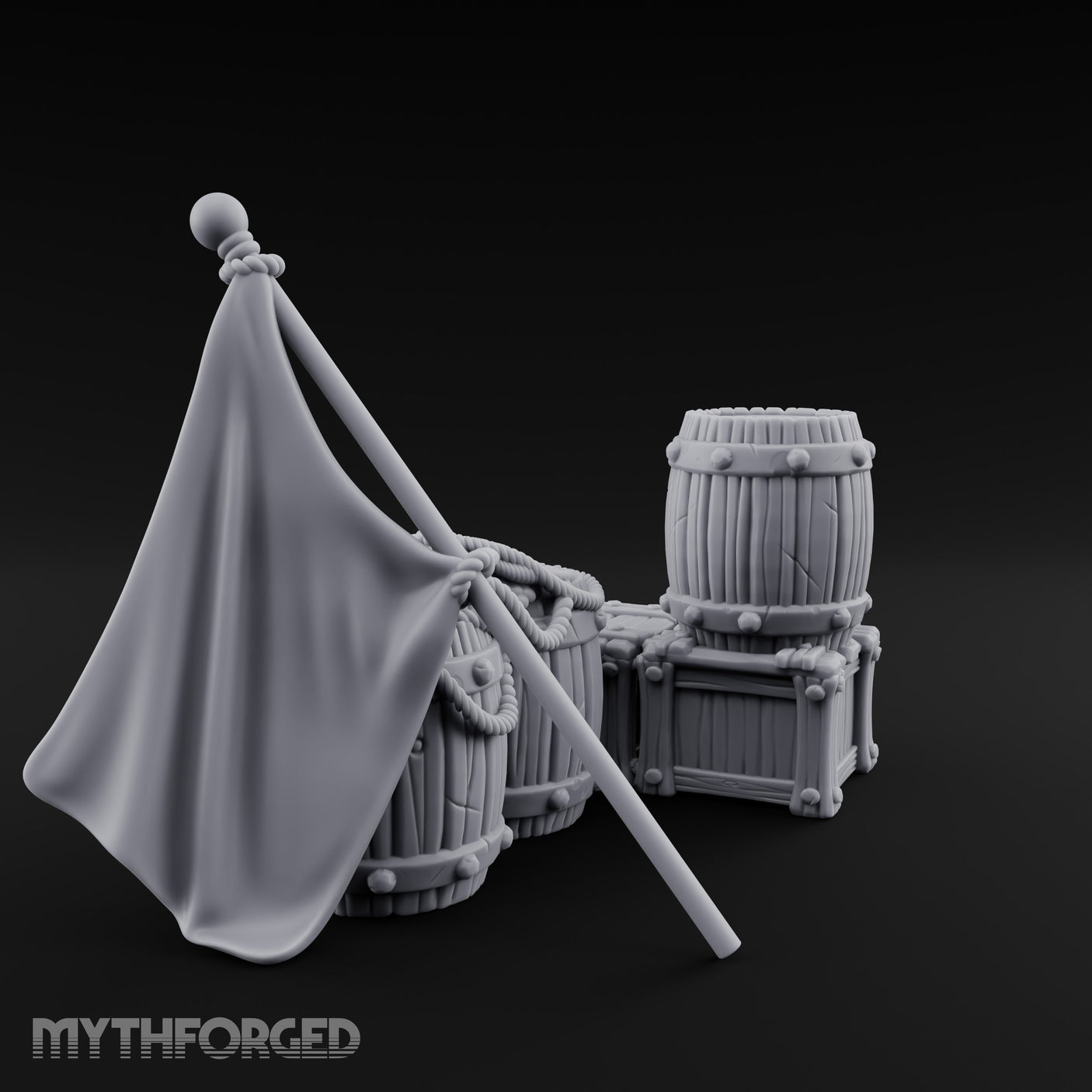 Flag-Leaned Rope-Heaped Pirate Barrel and Crate Scene Miniature for Dungeons and Dragons, Pathfinder or other TTRPGs