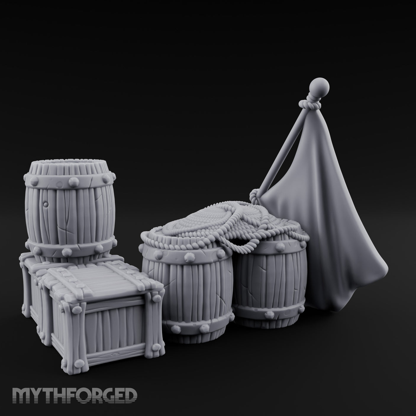 Flag-Leaned Rope-Heaped Pirate Barrel and Crate Scene Miniature for Dungeons and Dragons, Pathfinder or other TTRPGs