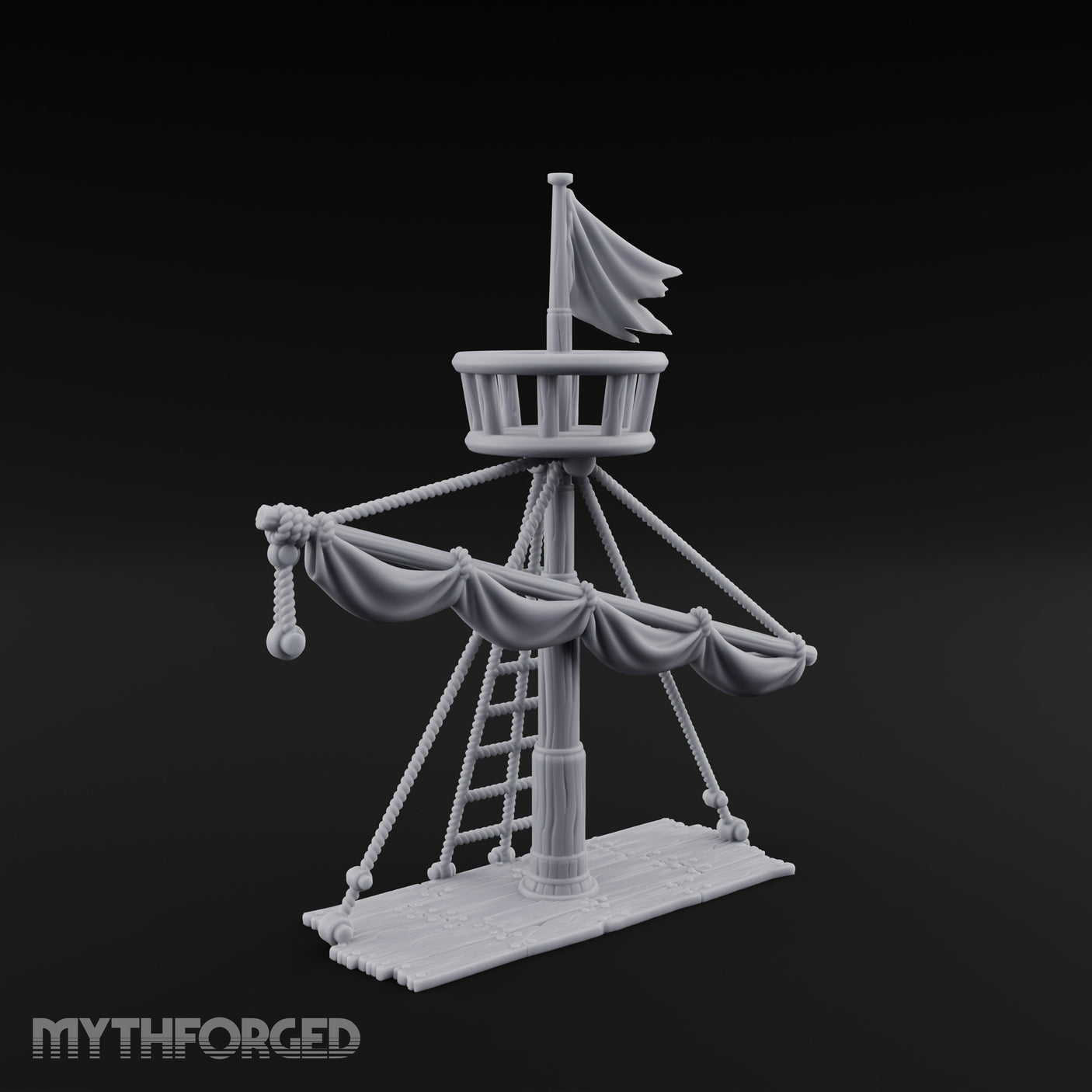 Flag-Topped Sail-Draped Ship Mast Scene Miniature for Dungeons and Dragons, Pathfinder or other TTRPGs