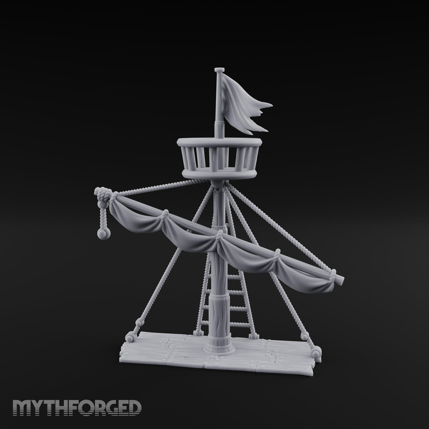 Flag-Topped Sail-Draped Ship Mast Scene Miniature for Dungeons and Dragons, Pathfinder or other TTRPGs