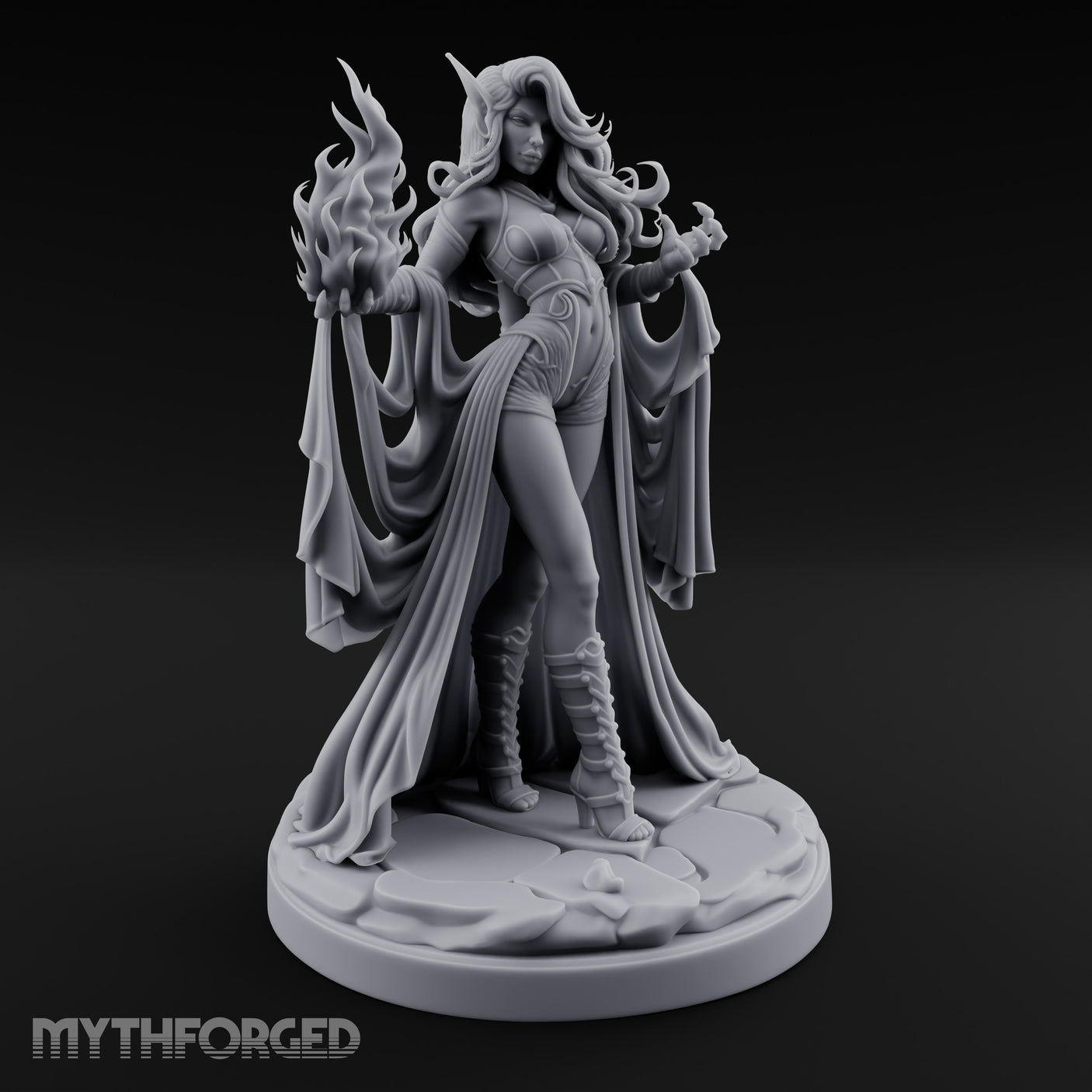 Flames Conjured Robes Billowing Elf Sorceress Miniature for Dungeons and Dragons, Pathfinder or other TTRPGs