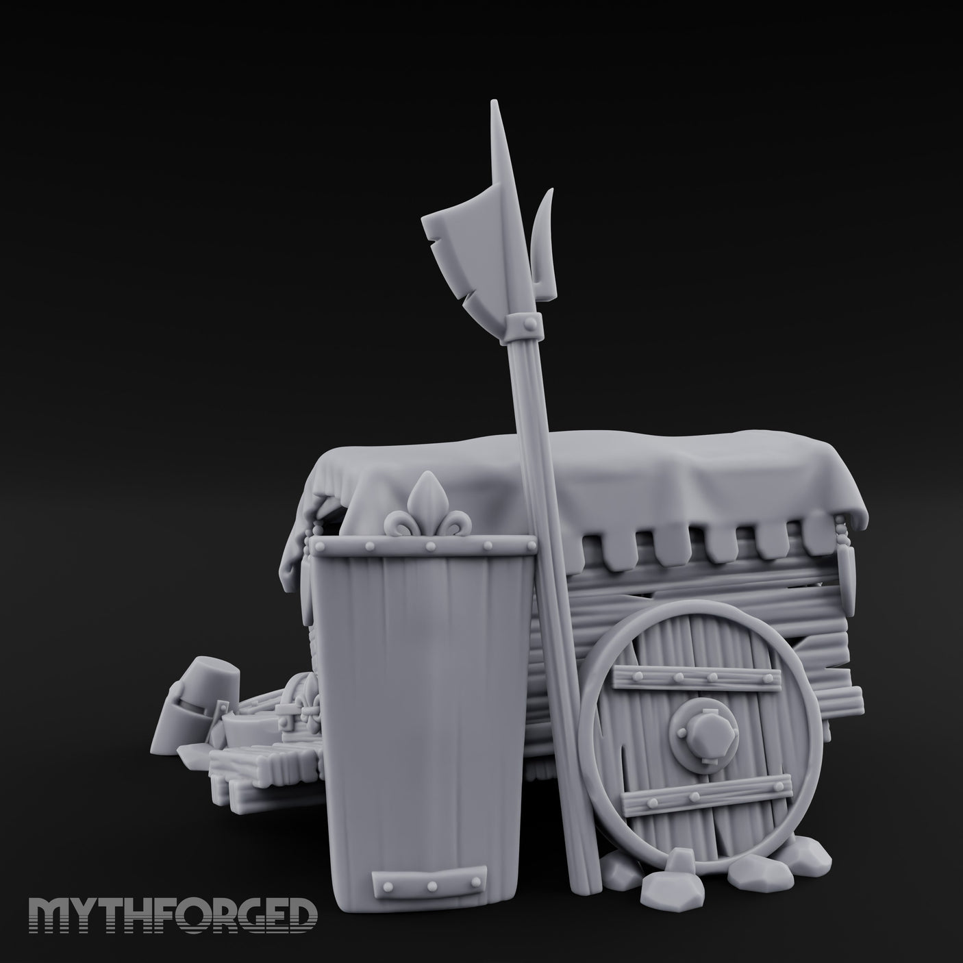 Fleur-de-Lis Branded Shield-Laden Knight's Weapon Cart Miniature for Dungeons and Dragons, Pathfinder or other TTRPGs