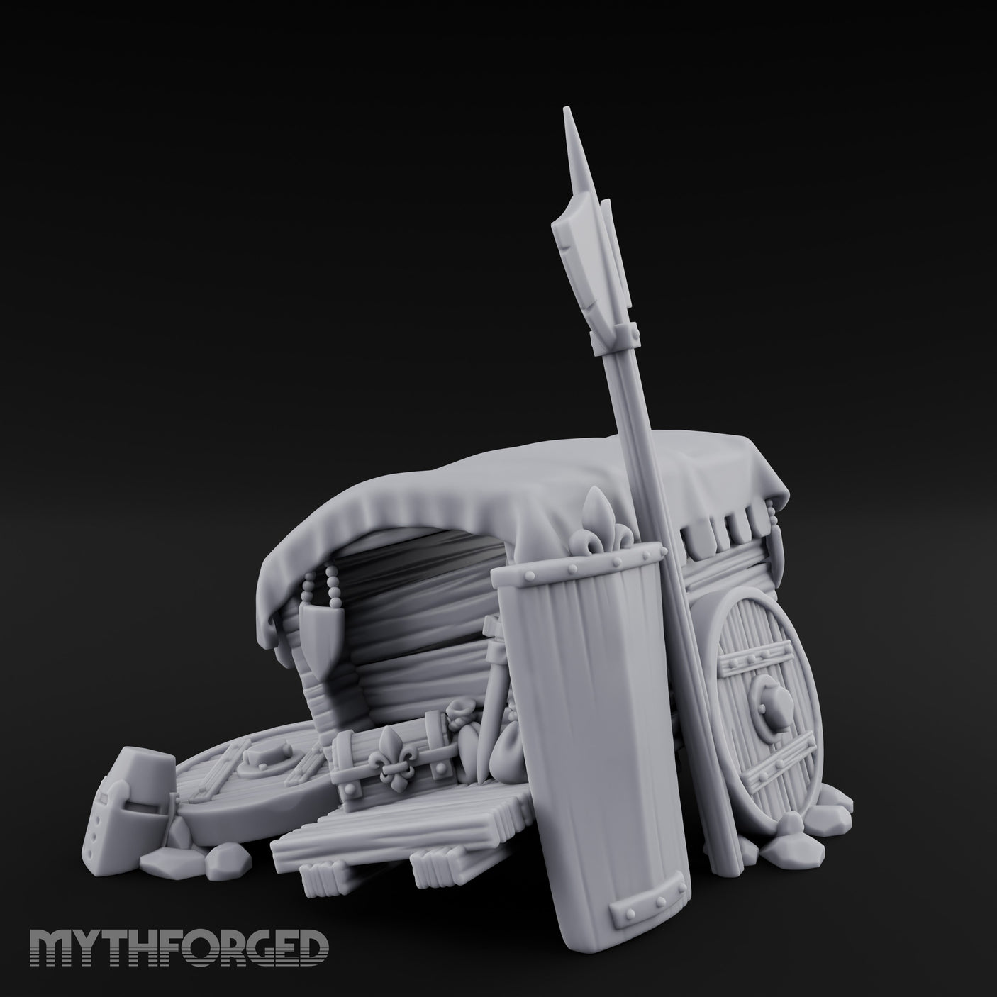 Fleur-de-Lis Branded Shield-Laden Knight's Weapon Cart Miniature for Dungeons and Dragons, Pathfinder or other TTRPGs