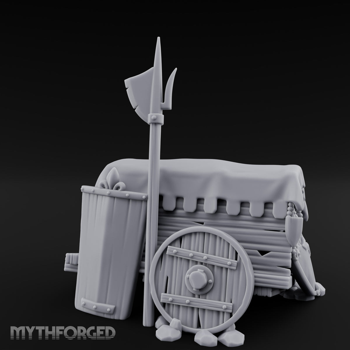Fleur-de-Lis Branded Shield-Laden Knight's Weapon Cart Miniature for Dungeons and Dragons, Pathfinder or other TTRPGs